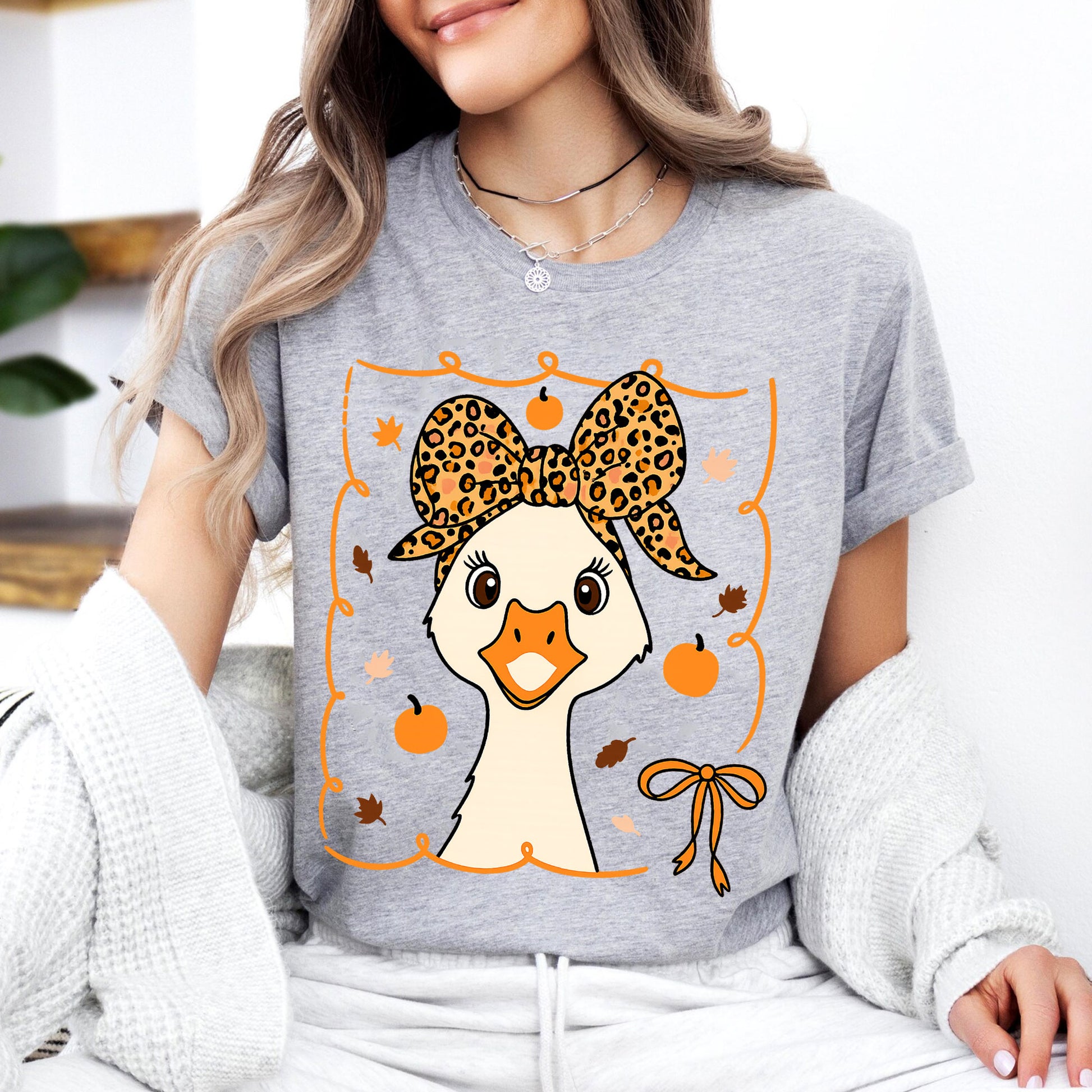 Cute Thanksgiving Goose Shirt for Women - Fall Harvest Graphic Tee with Adorable Pumpkin and Leaf Design - Holiday Leopard Bow Top
 - 7