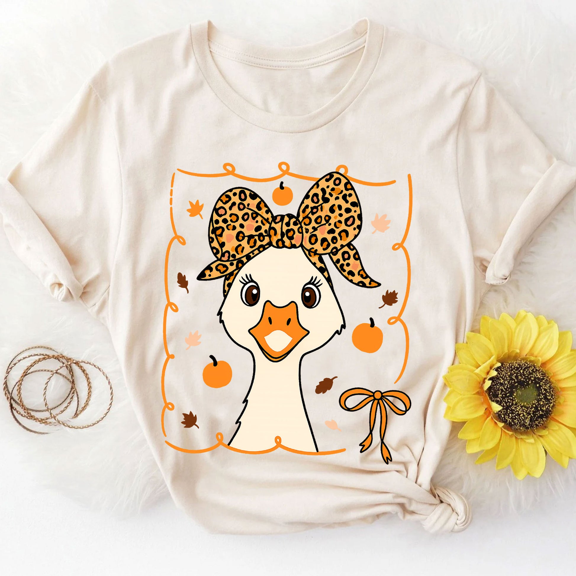 Cute Thanksgiving Goose Shirt for Women - Fall Harvest Graphic Tee with Adorable Pumpkin and Leaf Design - Holiday Leopard Bow Top
 - 8