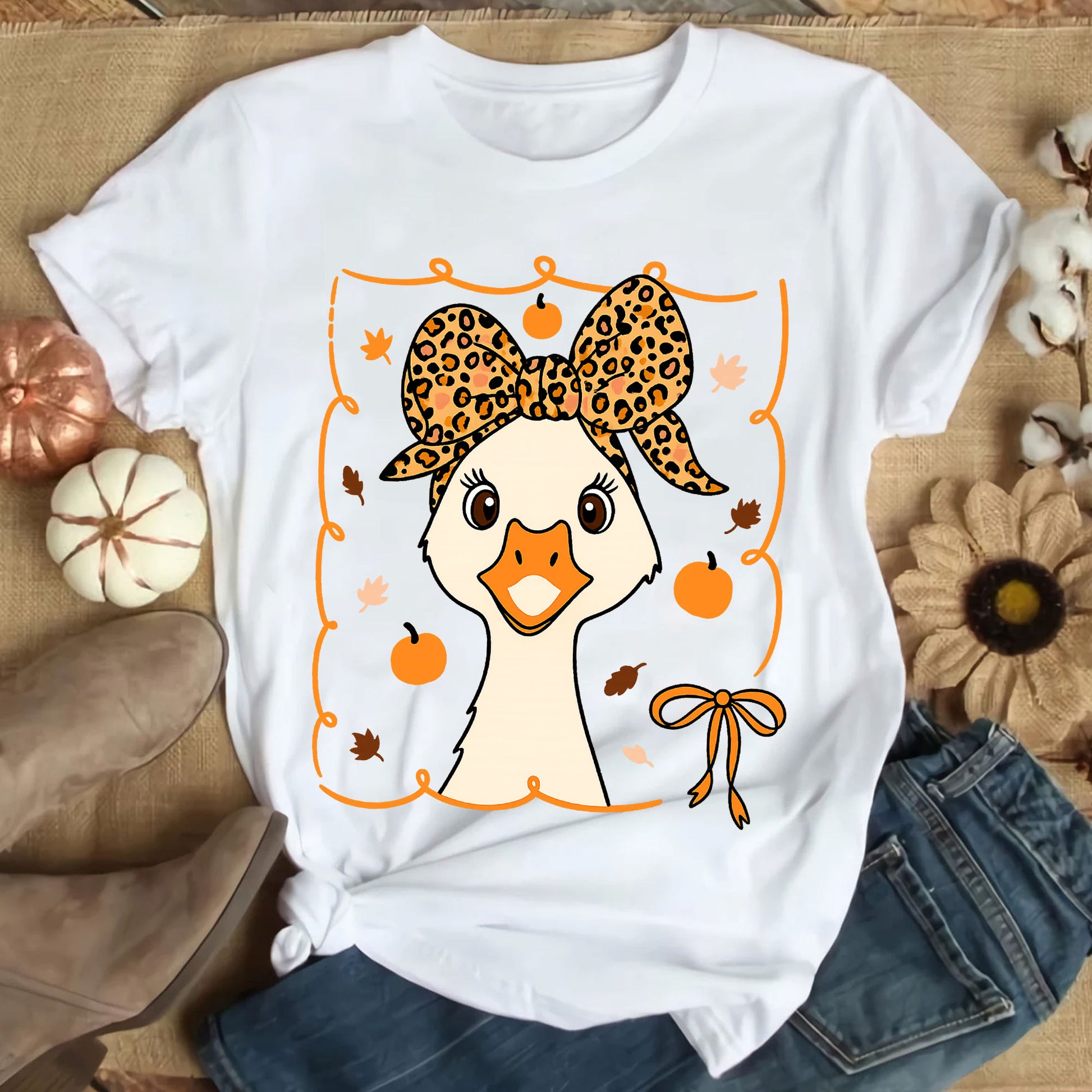 Cute Thanksgiving Goose Shirt for Women - Fall Harvest Graphic Tee with Adorable Pumpkin and Leaf Design - Holiday Leopard Bow Top
 - 9