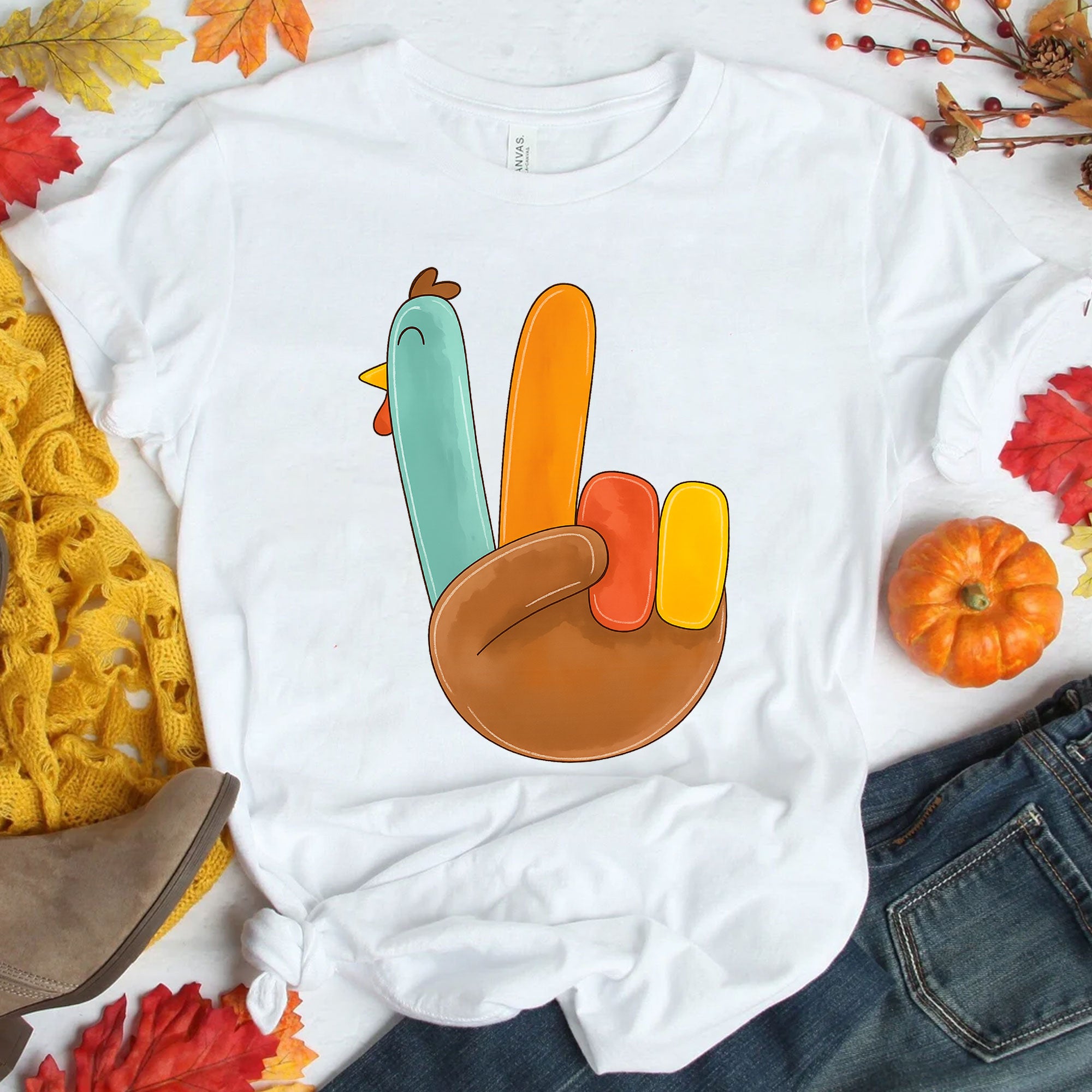 Cute Thanksgiving Turkey Peace Sign Shirt for Family Gatherings, Fall Celebrations, Stylish Holiday Apparel for Women and Kids
 - 1