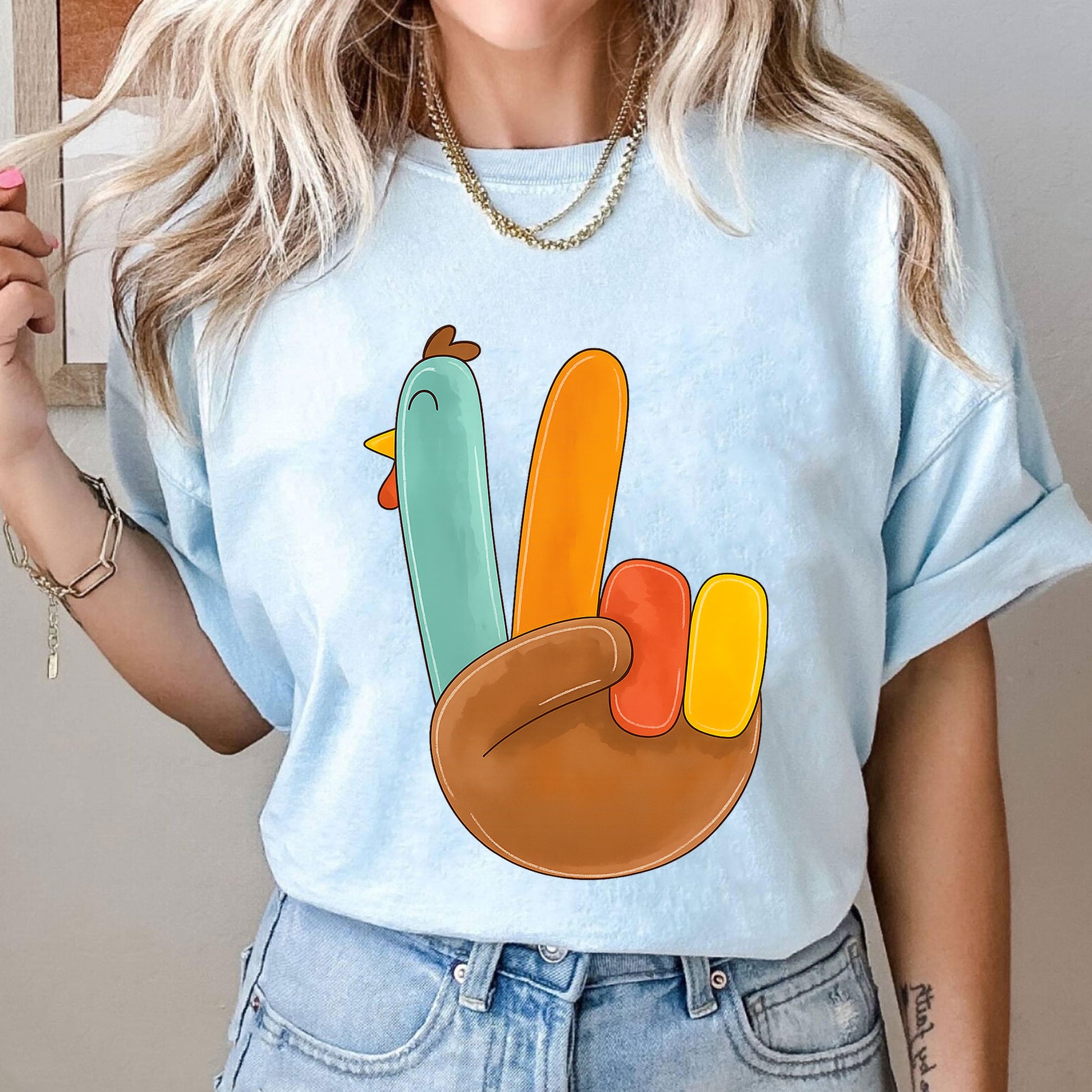 Cute Thanksgiving Turkey Peace Sign Shirt for Family Gatherings, Fall Celebrations, Stylish Holiday Apparel for Women and Kids
 - 10