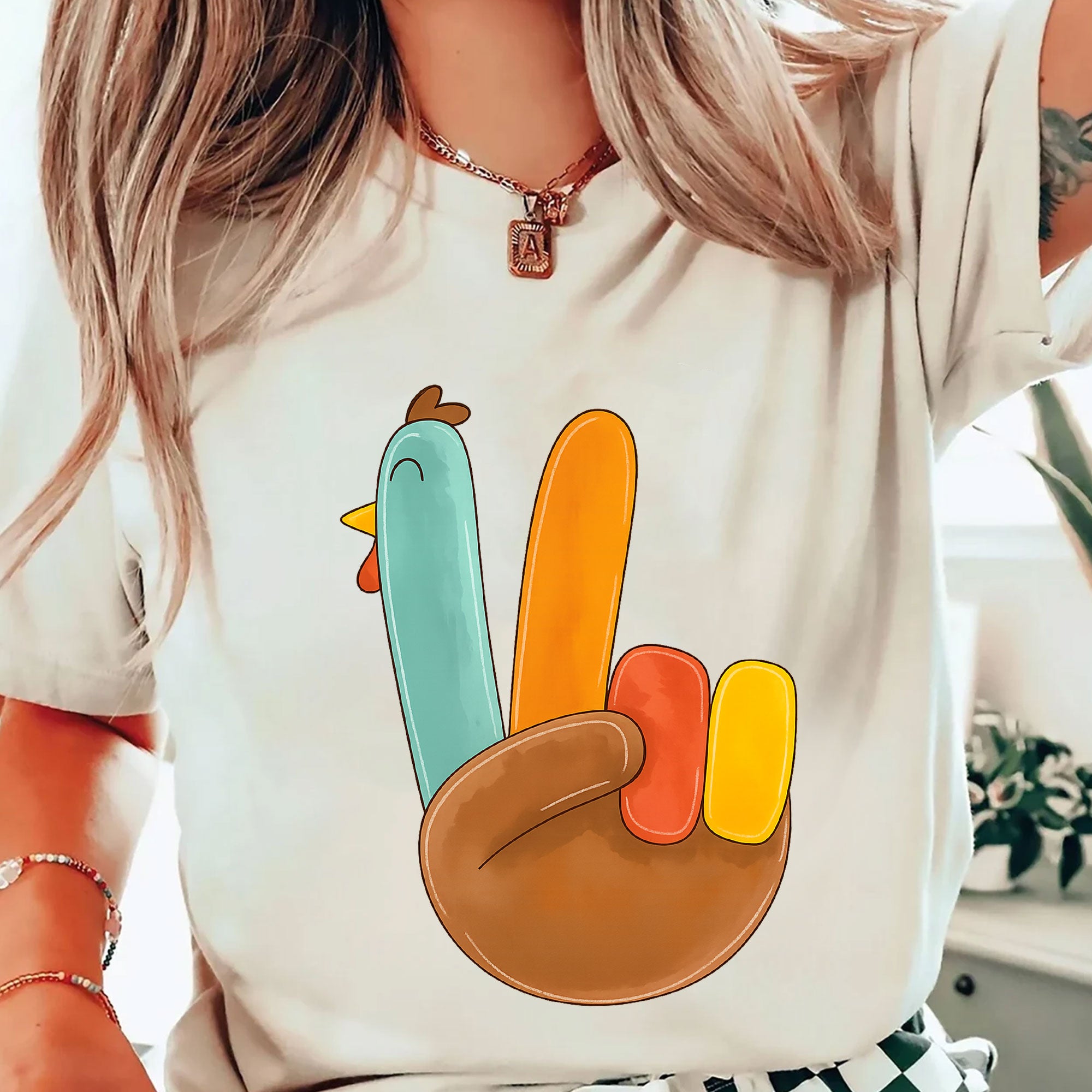 Cute Thanksgiving Turkey Peace Sign Shirt for Family Gatherings, Fall Celebrations, Stylish Holiday Apparel for Women and Kids
 - 2