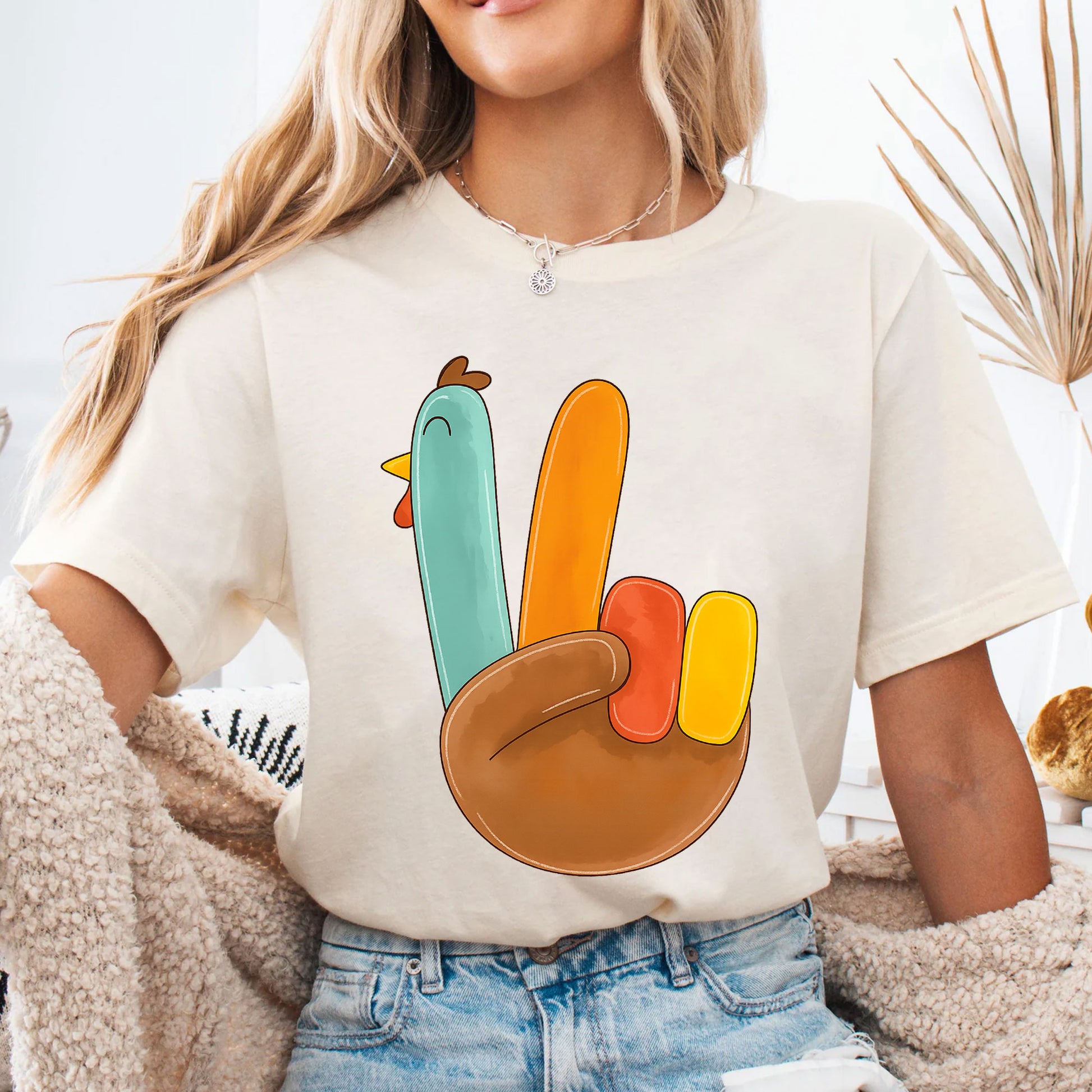 Cute Thanksgiving Turkey Peace Sign Shirt for Family Gatherings, Fall Celebrations, Stylish Holiday Apparel for Women and Kids
 - 4