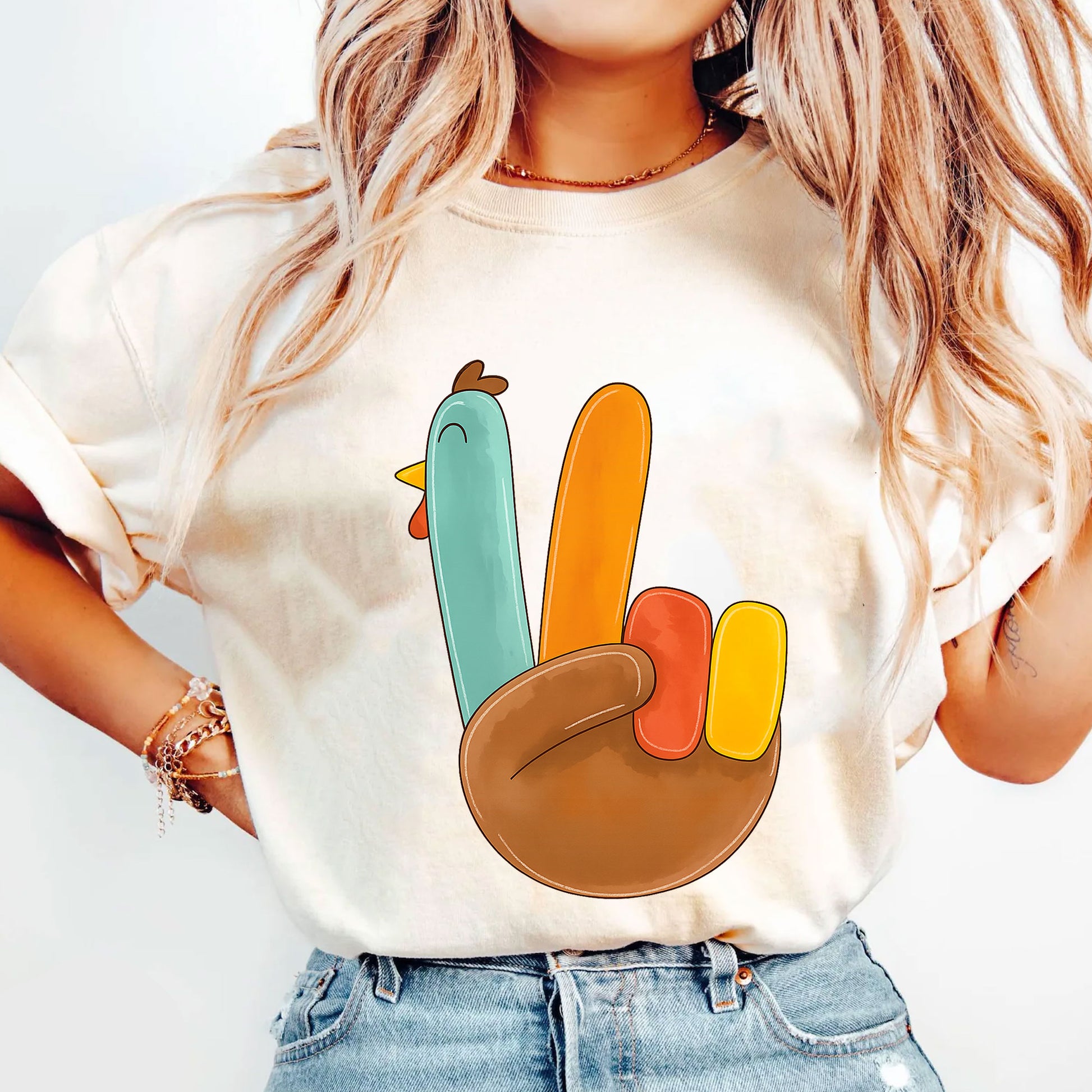 Cute Thanksgiving Turkey Peace Sign Shirt for Family Gatherings, Fall Celebrations, Stylish Holiday Apparel for Women and Kids
 - 5