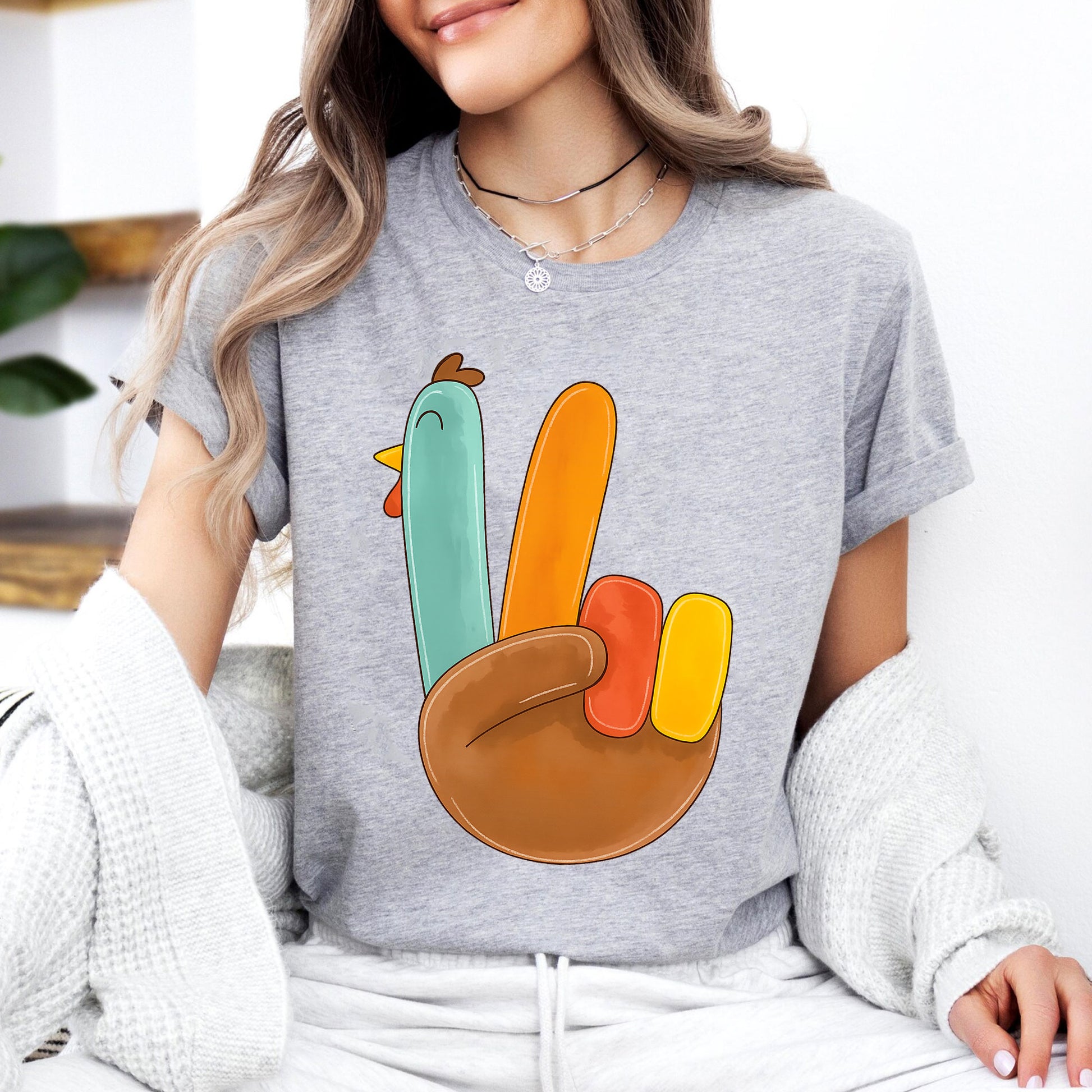 Cute Thanksgiving Turkey Peace Sign Shirt for Family Gatherings, Fall Celebrations, Stylish Holiday Apparel for Women and Kids
 - 7