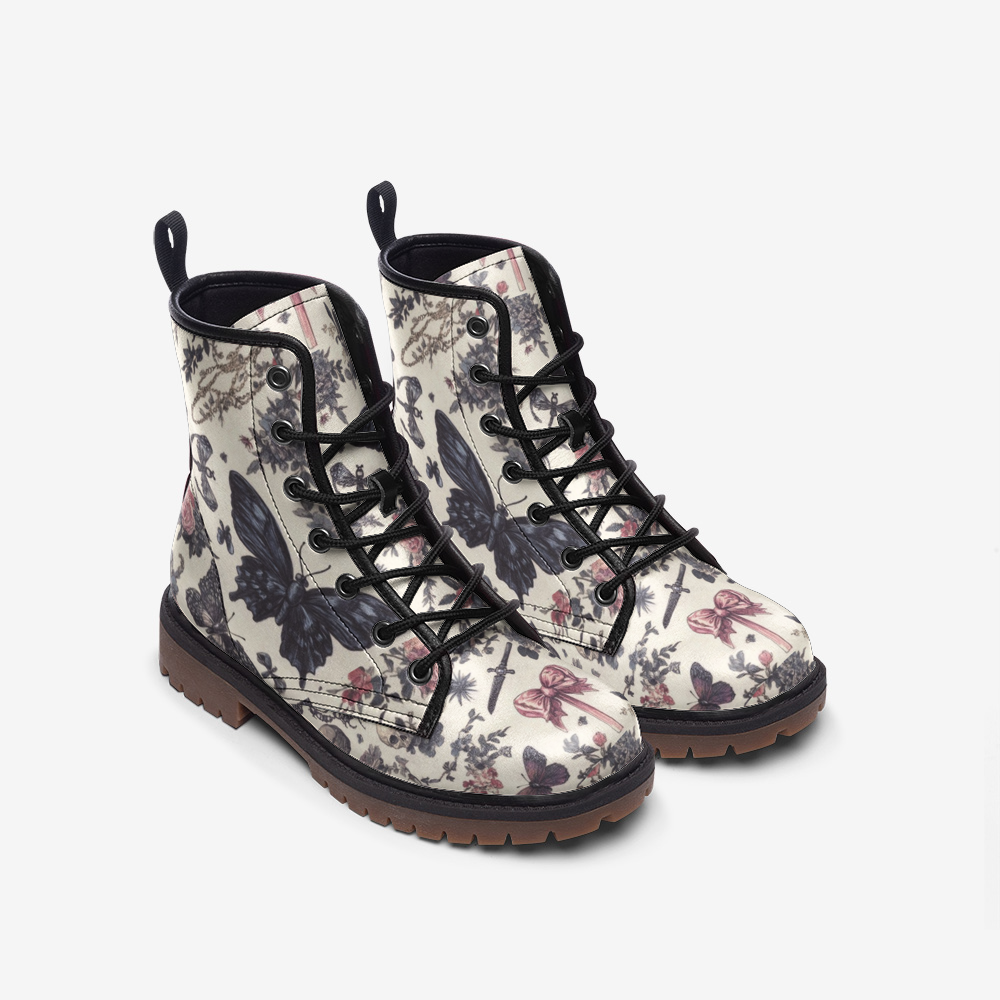 Dark Coquette Butterfly Floral Leather Boots Casual Lightweight Style