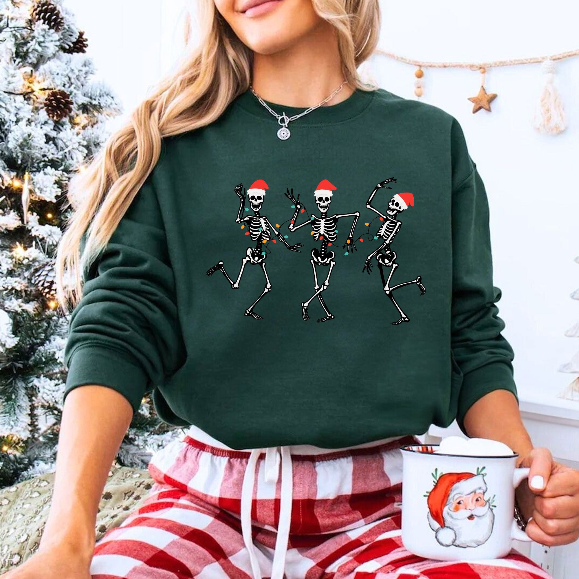 Dancing Skeletons Christmas T-Shirt – Festive Santa Skeletons Graphic Tee – Fun Holiday Apparel for Celebrating Christmas Season
 - 8