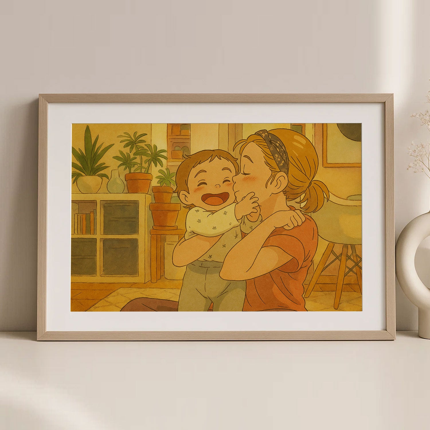 Enchanting Mother and Baby Art Print in Warm Colors | Delicate Anime-Inspired Illustration for Your Home Decor
 - 1