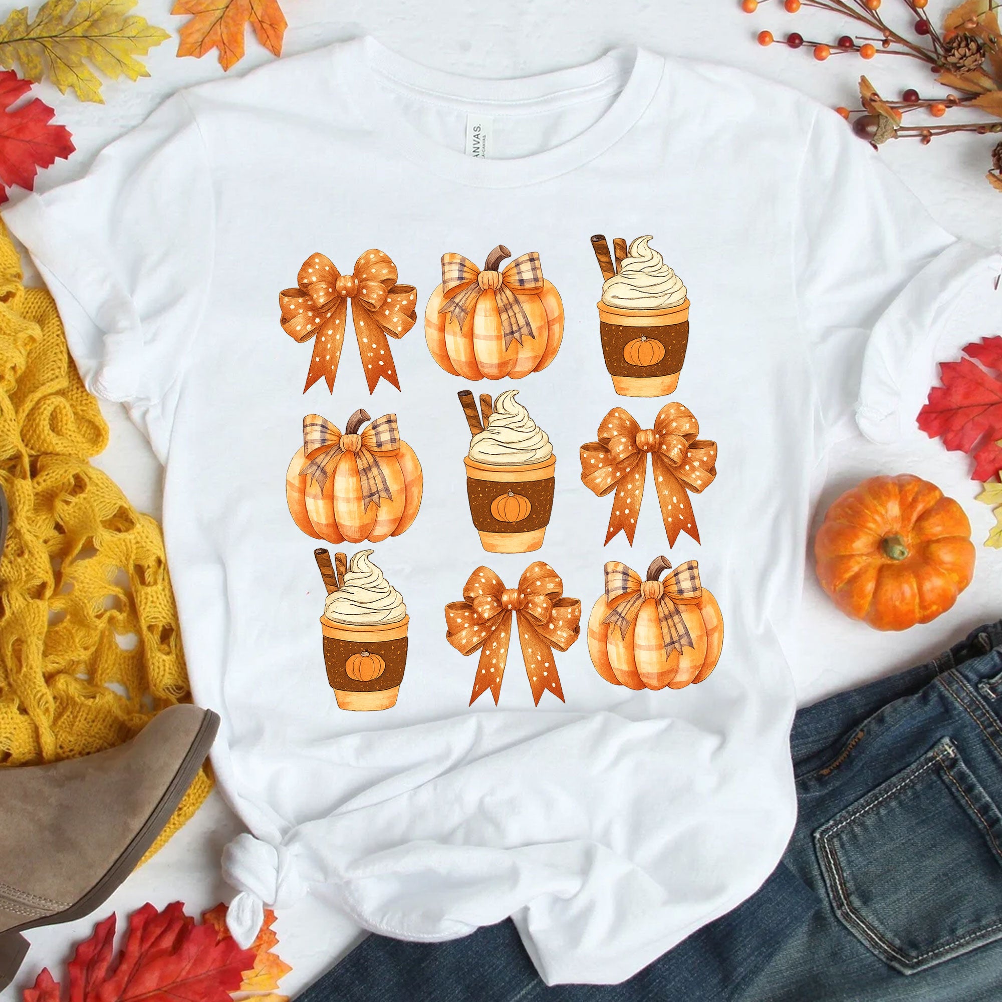 Fall Pumpkin and Coffee Thanksgiving Shirt with Cute Bows for Women - Perfect Autumn Graphic Tee for Holiday Celebrations
 - 1