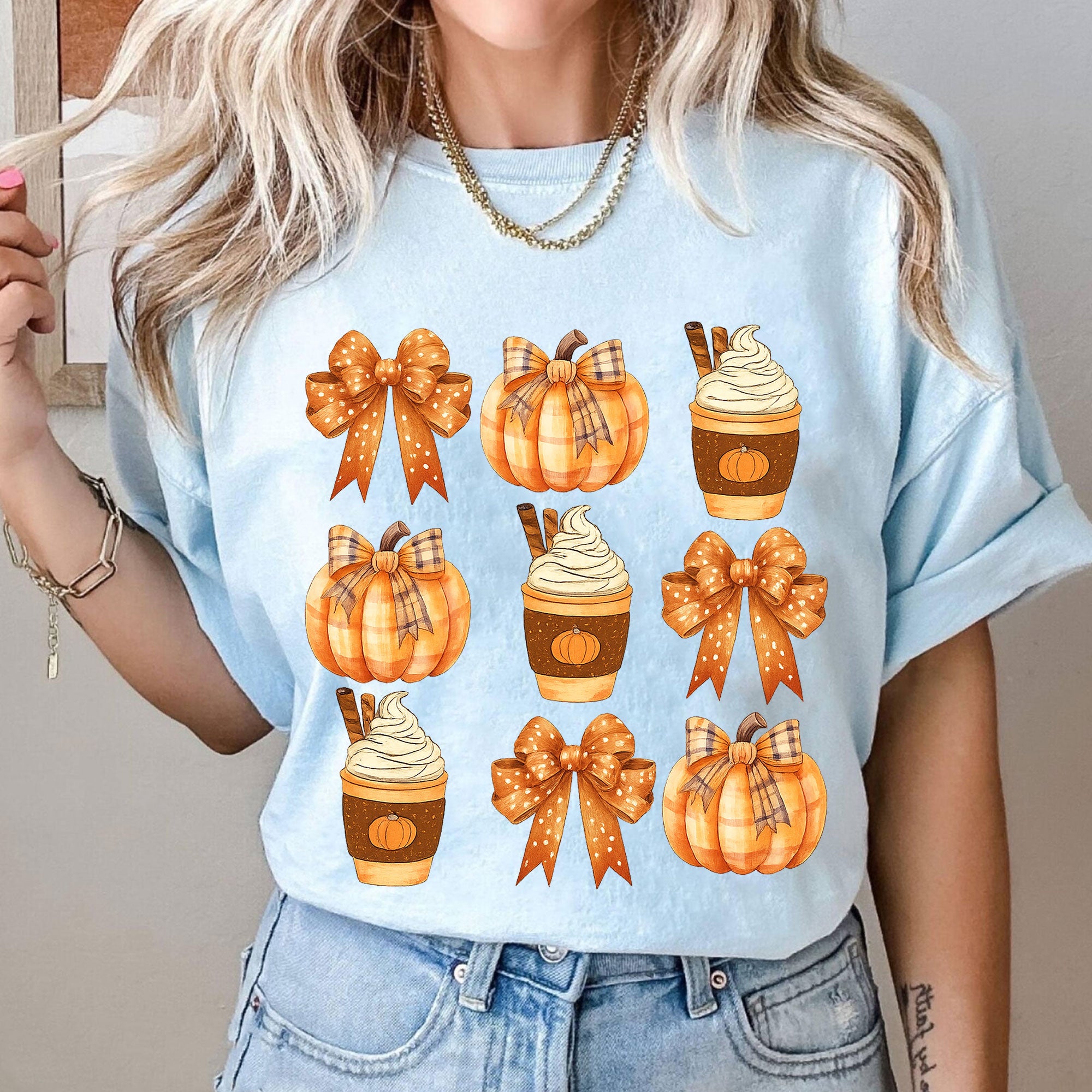 Fall Pumpkin and Coffee Thanksgiving Shirt with Cute Bows for Women - Perfect Autumn Graphic Tee for Holiday Celebrations
 - 10