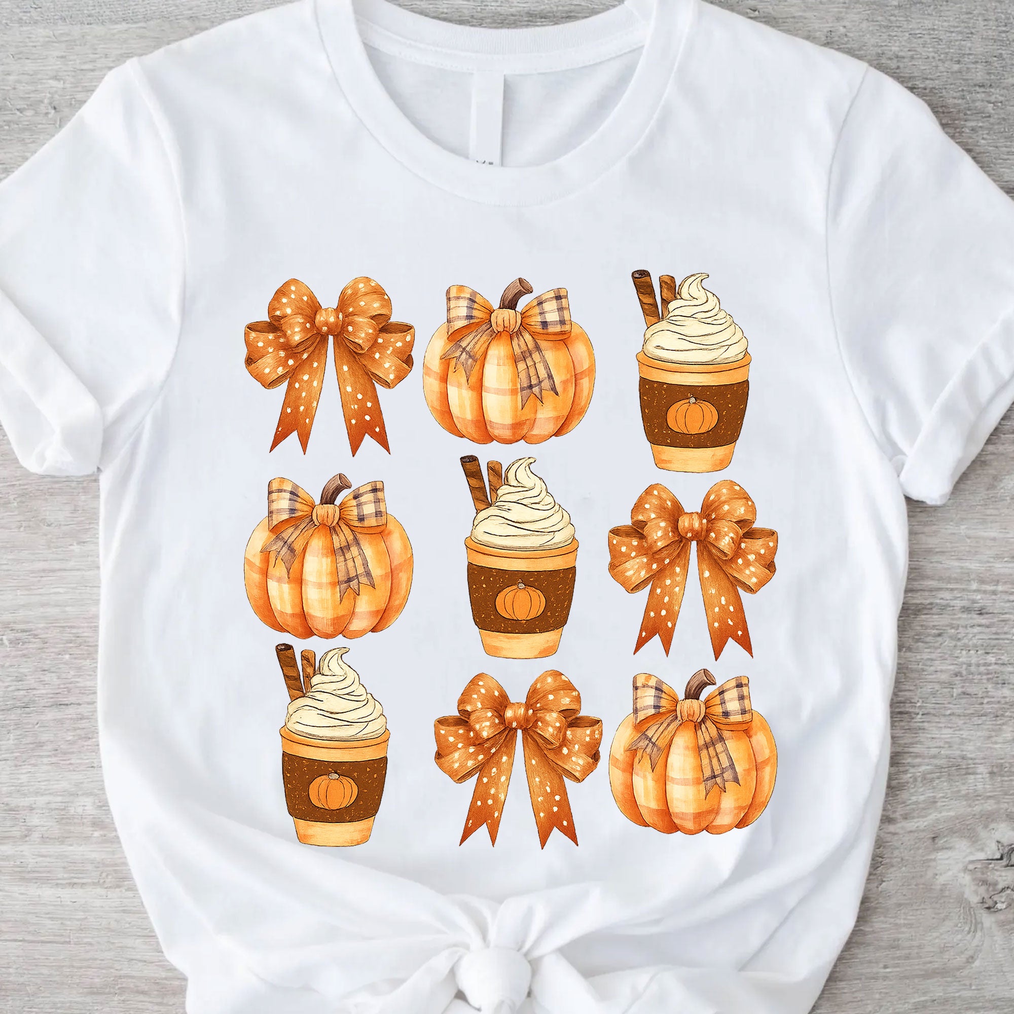 Fall Pumpkin and Coffee Thanksgiving Shirt with Cute Bows for Women - Perfect Autumn Graphic Tee for Holiday Celebrations
 - 11