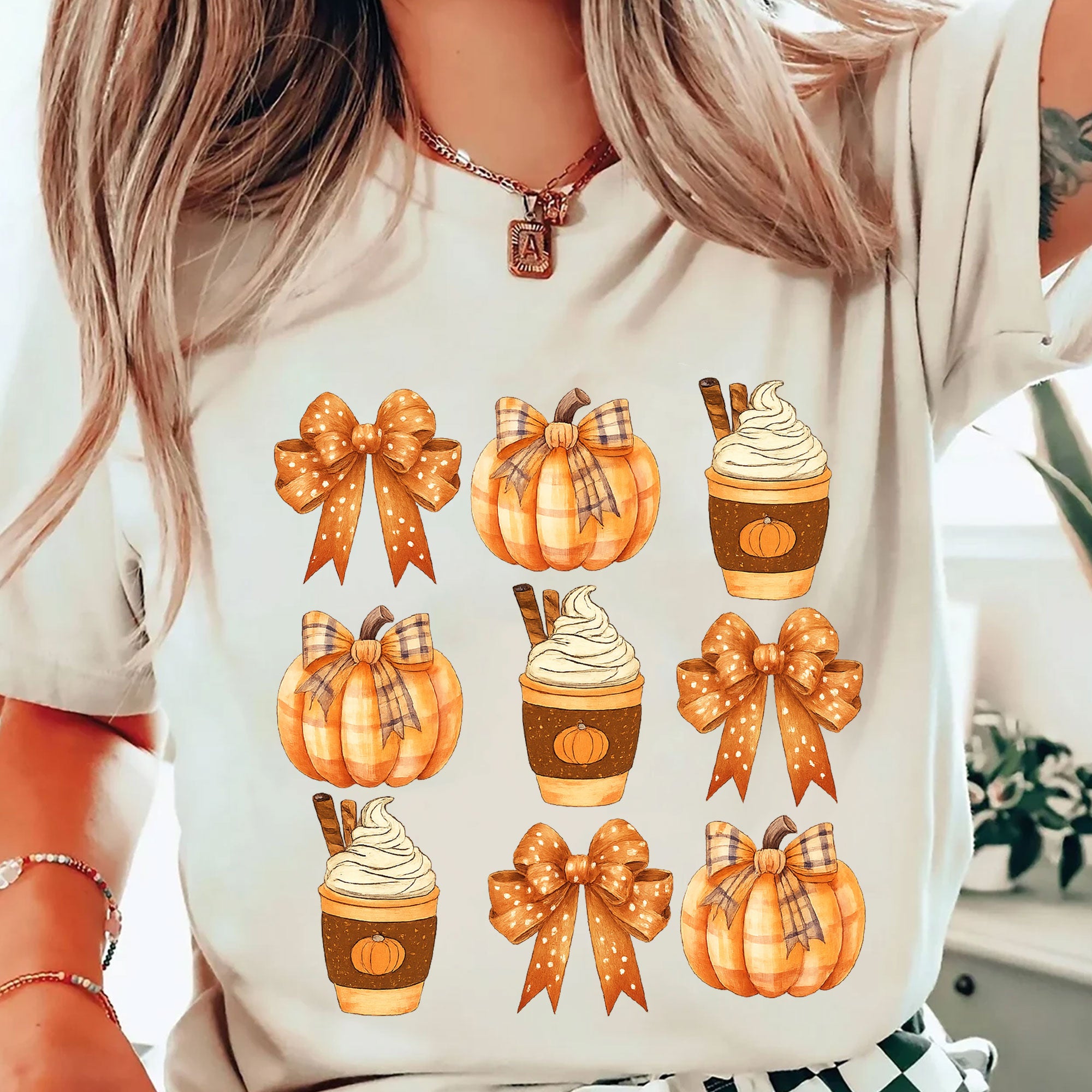 Fall Pumpkin and Coffee Thanksgiving Shirt with Cute Bows for Women - Perfect Autumn Graphic Tee for Holiday Celebrations
 - 2