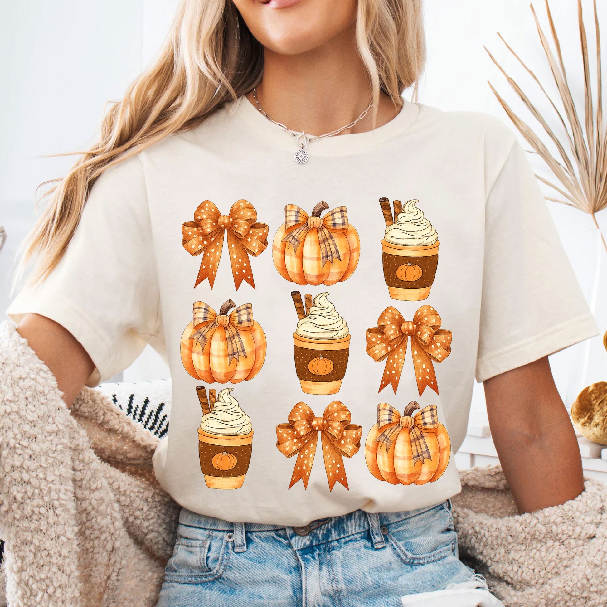 Fall Pumpkin and Coffee Thanksgiving Shirt with Cute Bows for Women - Perfect Autumn Graphic Tee for Holiday Celebrations
 - 4