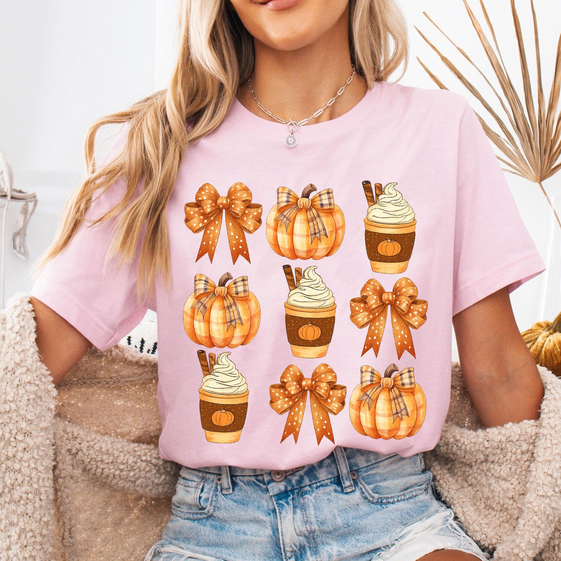 Fall Pumpkin and Coffee Thanksgiving Shirt with Cute Bows for Women - Perfect Autumn Graphic Tee for Holiday Celebrations
 - 6
