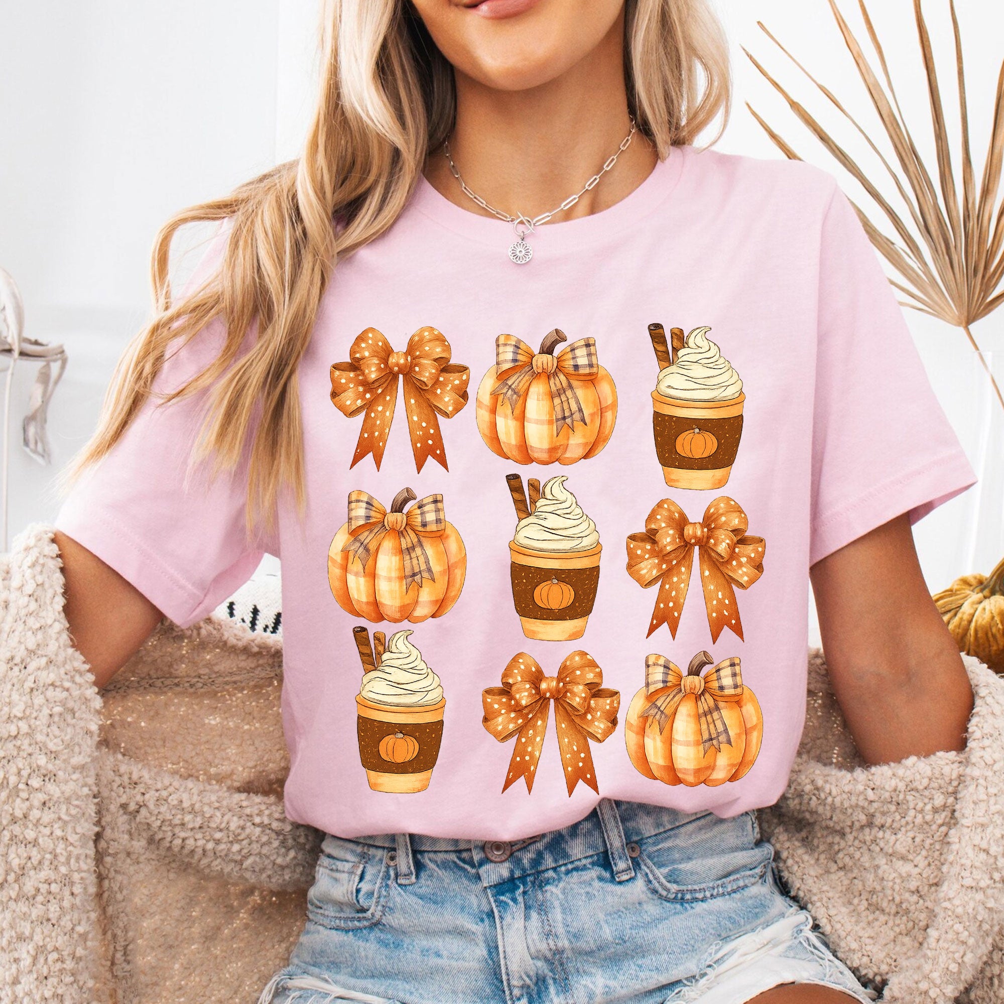 Fall Pumpkin and Coffee Thanksgiving Shirt with Cute Bows for Women - Perfect Autumn Graphic Tee for Holiday Celebrations
 - 6