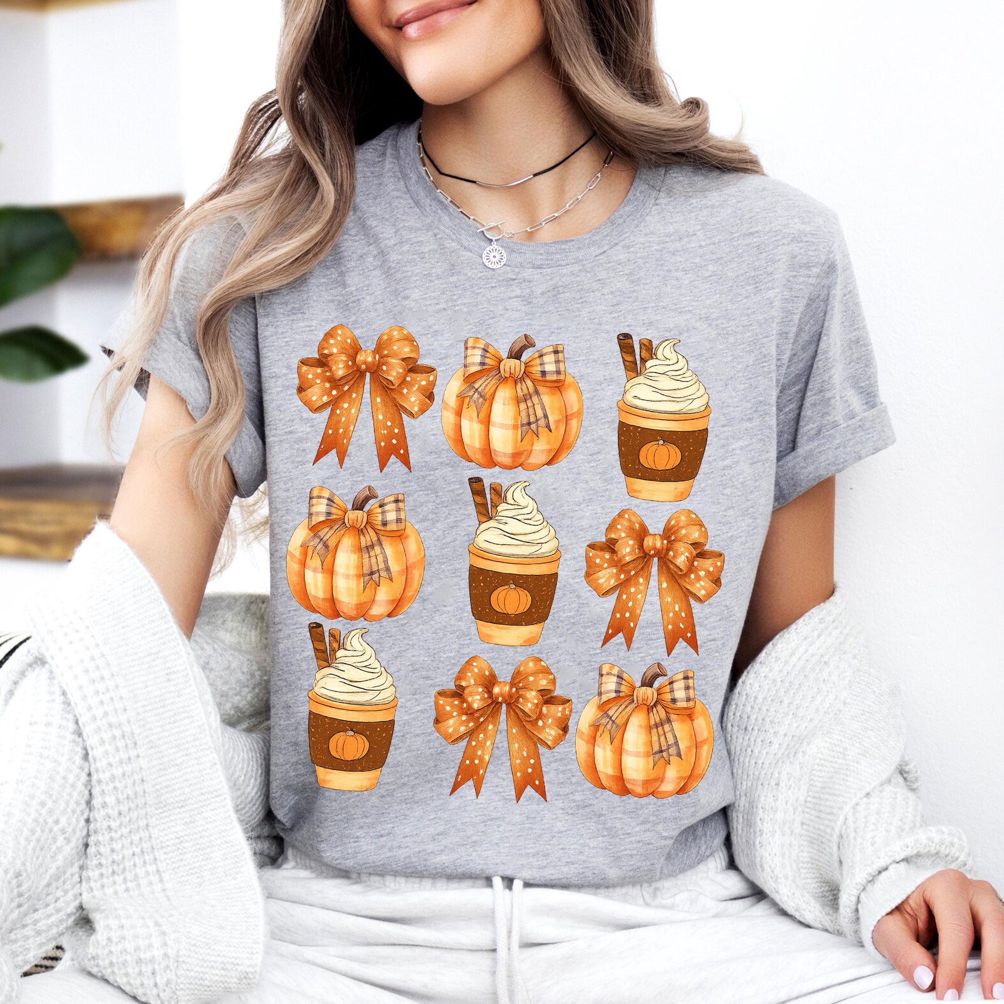 Fall Pumpkin and Coffee Thanksgiving Shirt with Cute Bows for Women - Perfect Autumn Graphic Tee for Holiday Celebrations
 - 7