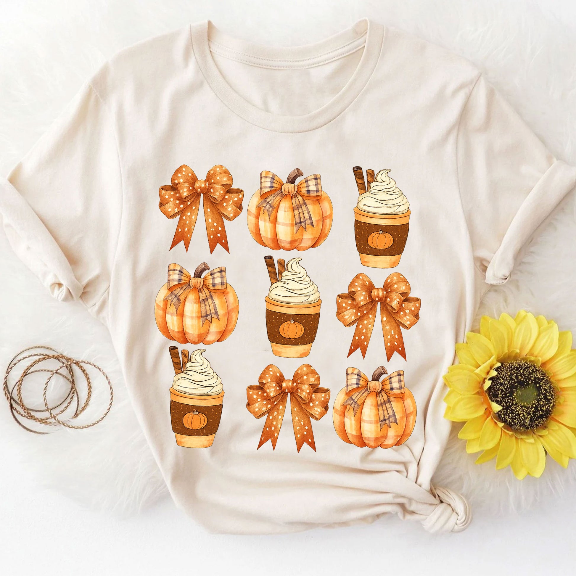 Fall Pumpkin and Coffee Thanksgiving Shirt with Cute Bows for Women - Perfect Autumn Graphic Tee for Holiday Celebrations
 - 8