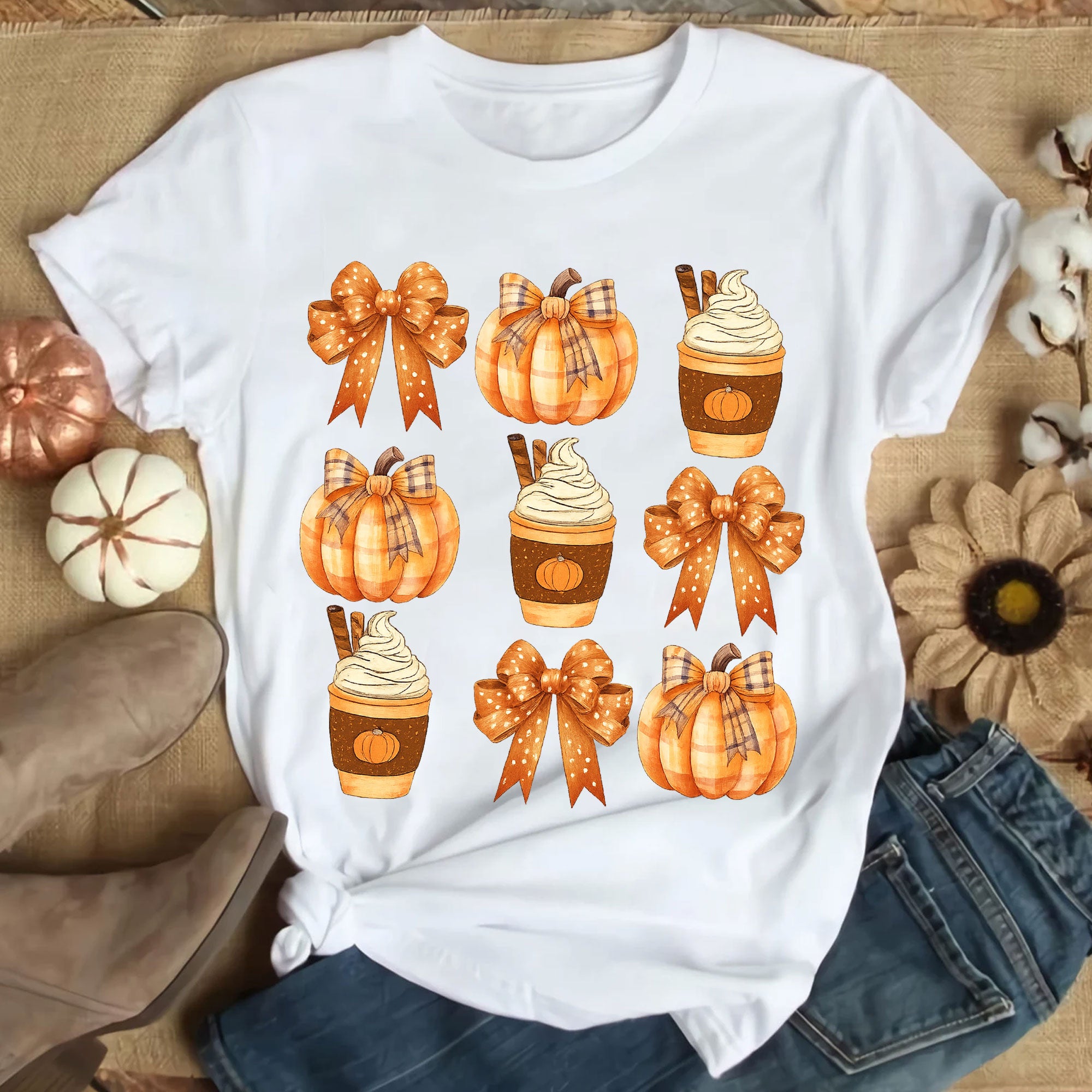 Fall Pumpkin and Coffee Thanksgiving Shirt with Cute Bows for Women - Perfect Autumn Graphic Tee for Holiday Celebrations
 - 9