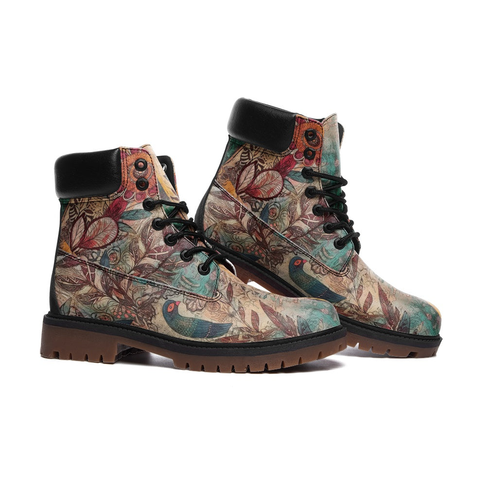 Boho Bird & Floral Art Casual Leather Timber Boots