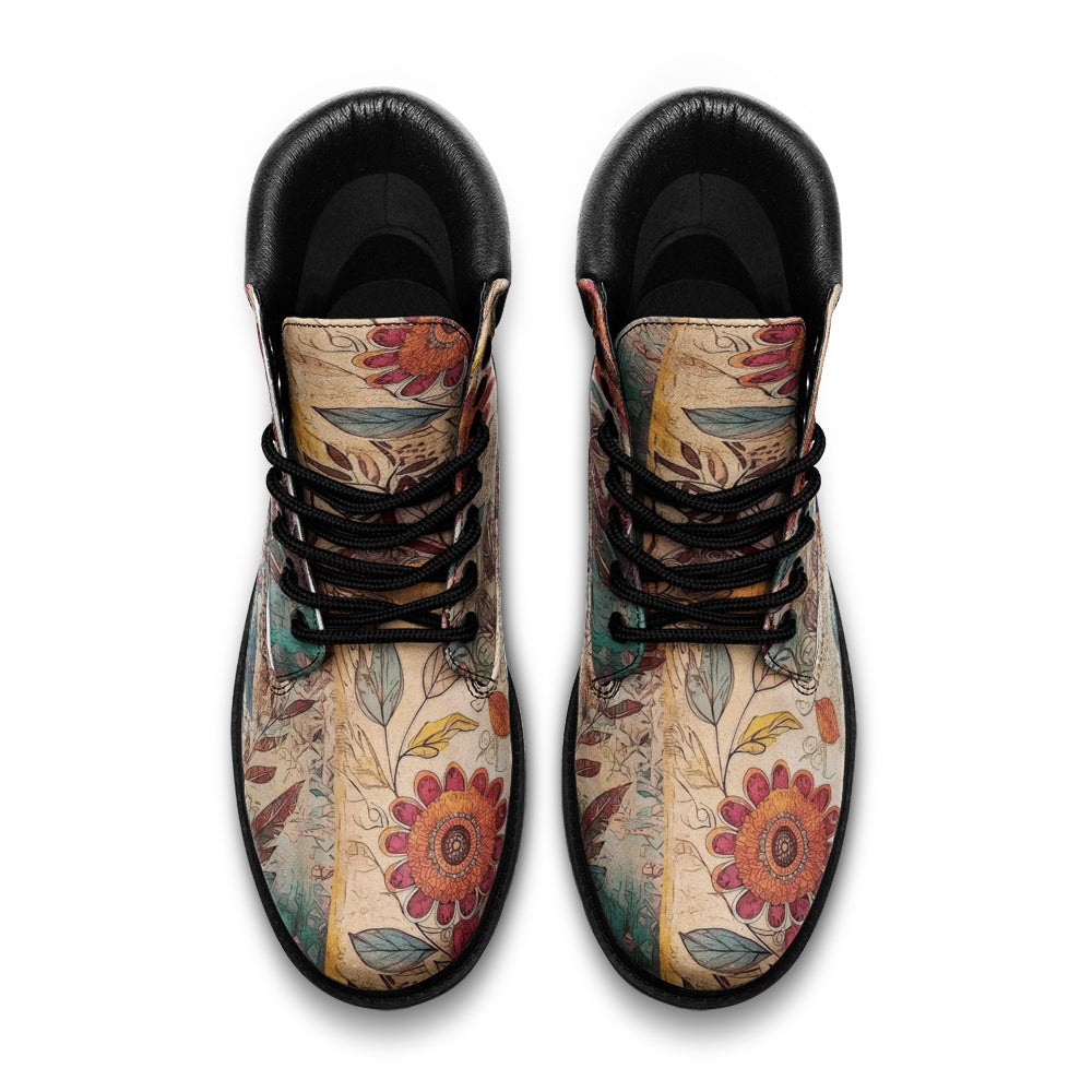 Boho Bird & Floral Art Casual Leather Timber Boots