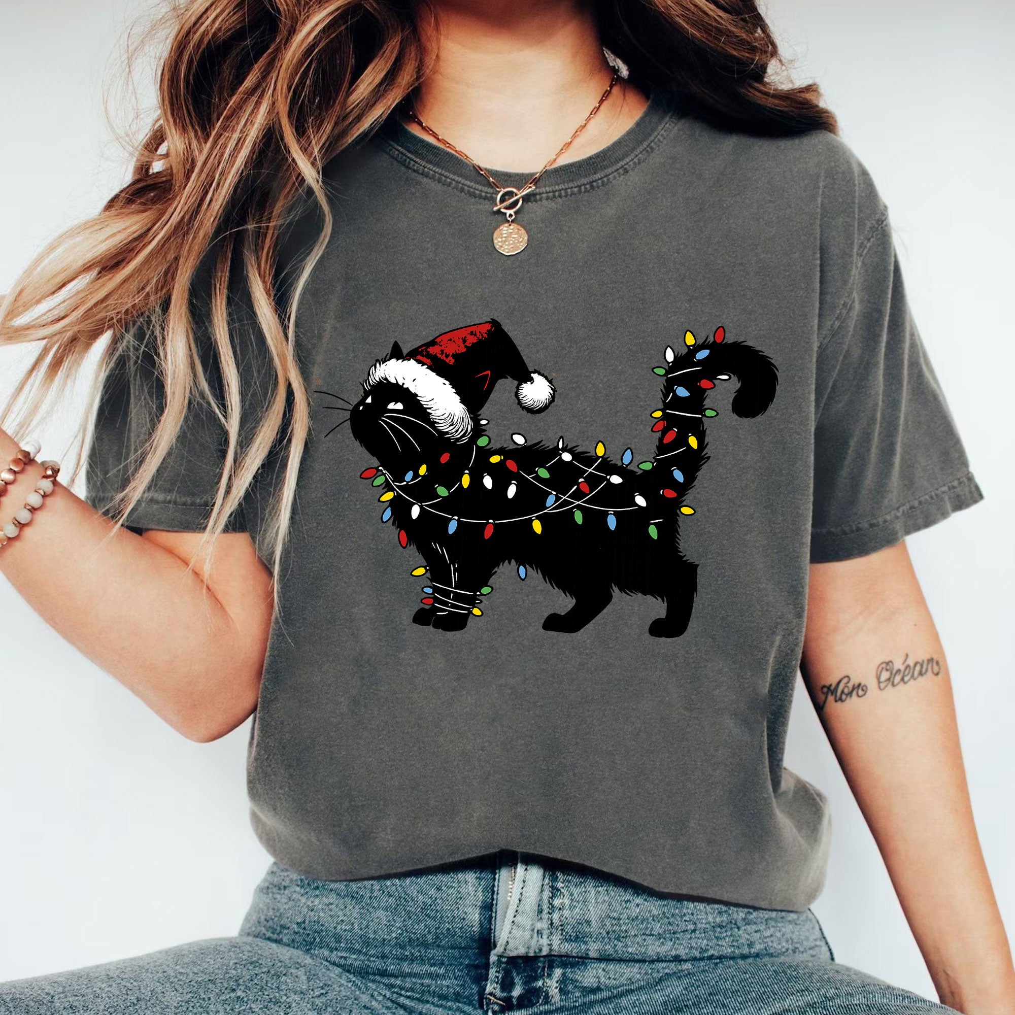 Festive Cat Christmas T-Shirt with Santa Hat and Holiday Lights | Cute Graphic Tee for Cat Lovers | Perfect Christmas Gift Idea
 - 1