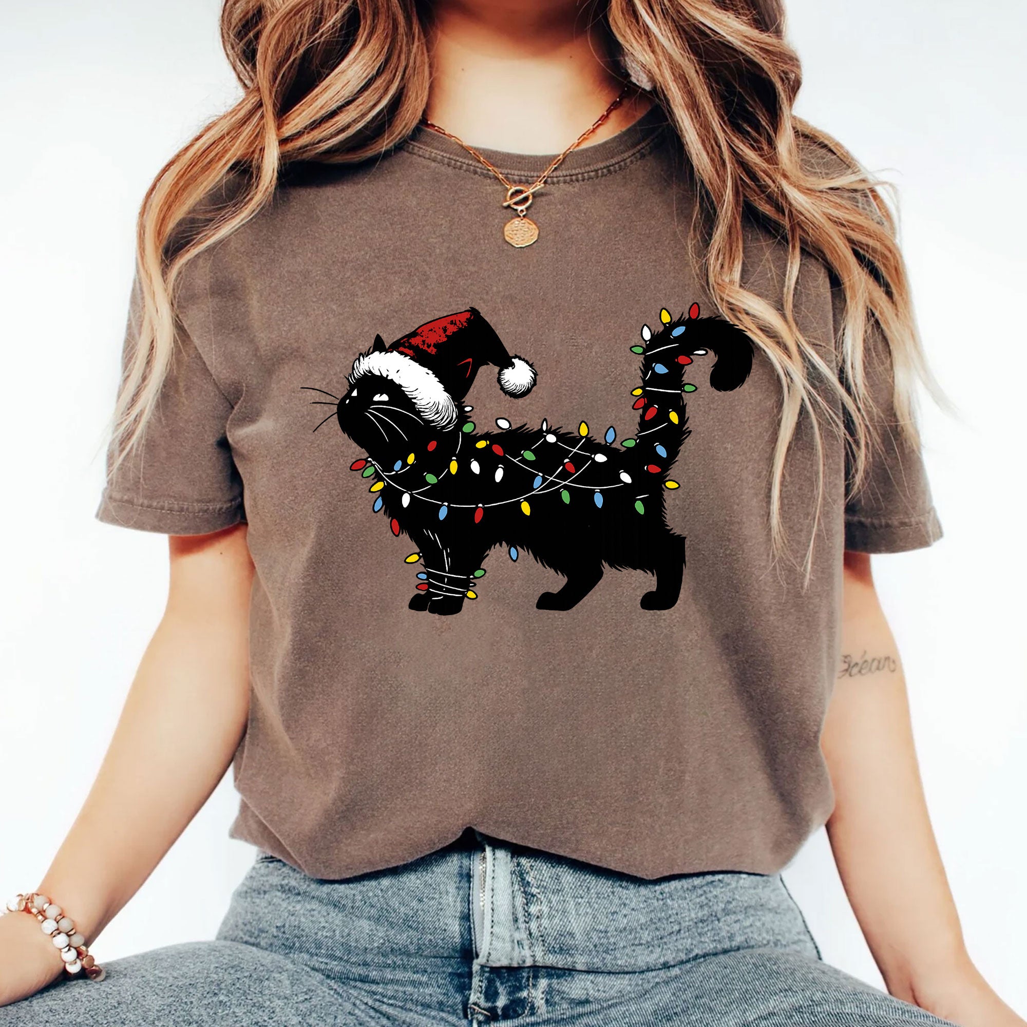 Festive Cat Christmas T-Shirt with Santa Hat and Holiday Lights | Cute Graphic Tee for Cat Lovers | Perfect Christmas Gift Idea
 - 2