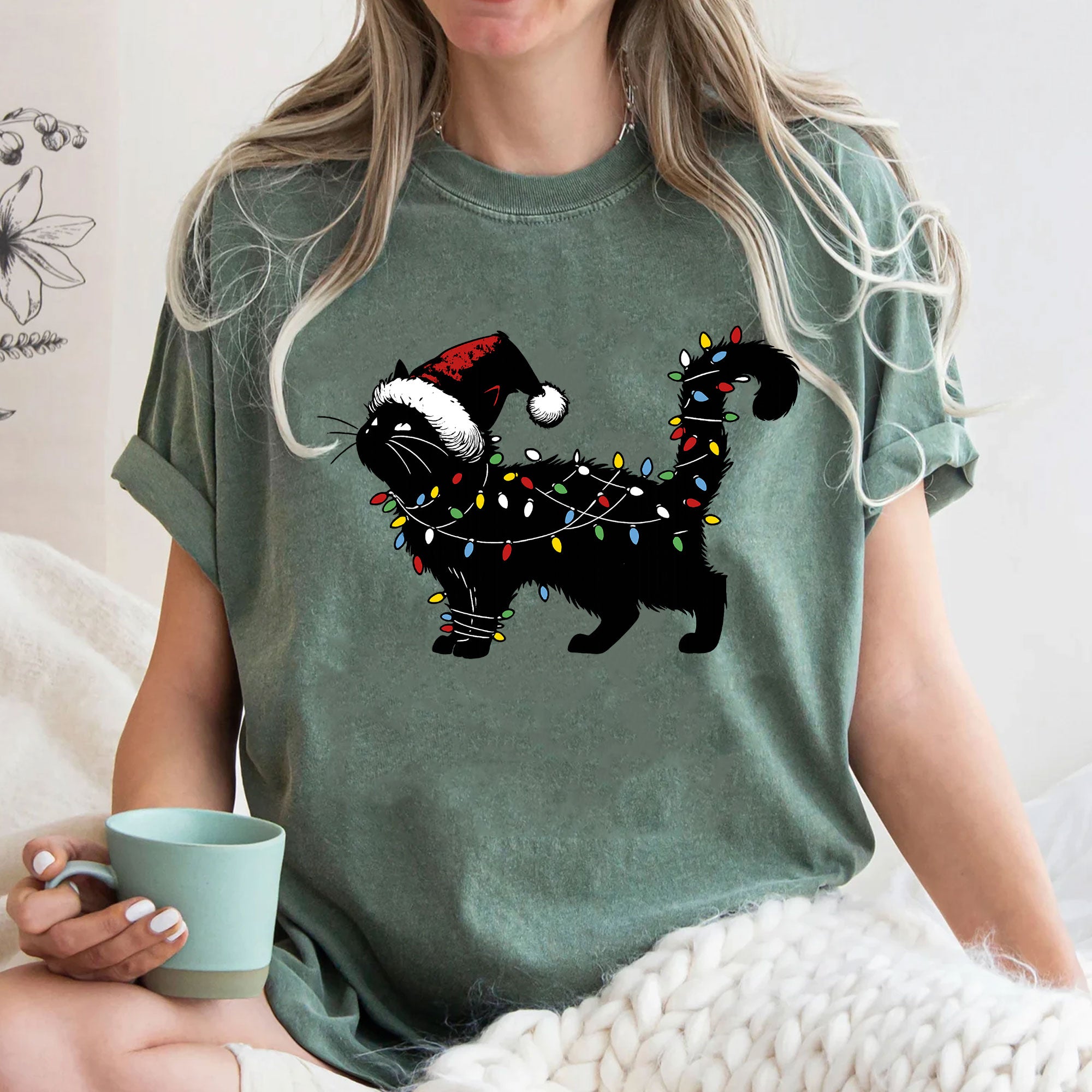 Festive Cat Christmas T-Shirt with Santa Hat and Holiday Lights | Cute Graphic Tee for Cat Lovers | Perfect Christmas Gift Idea
 - 3