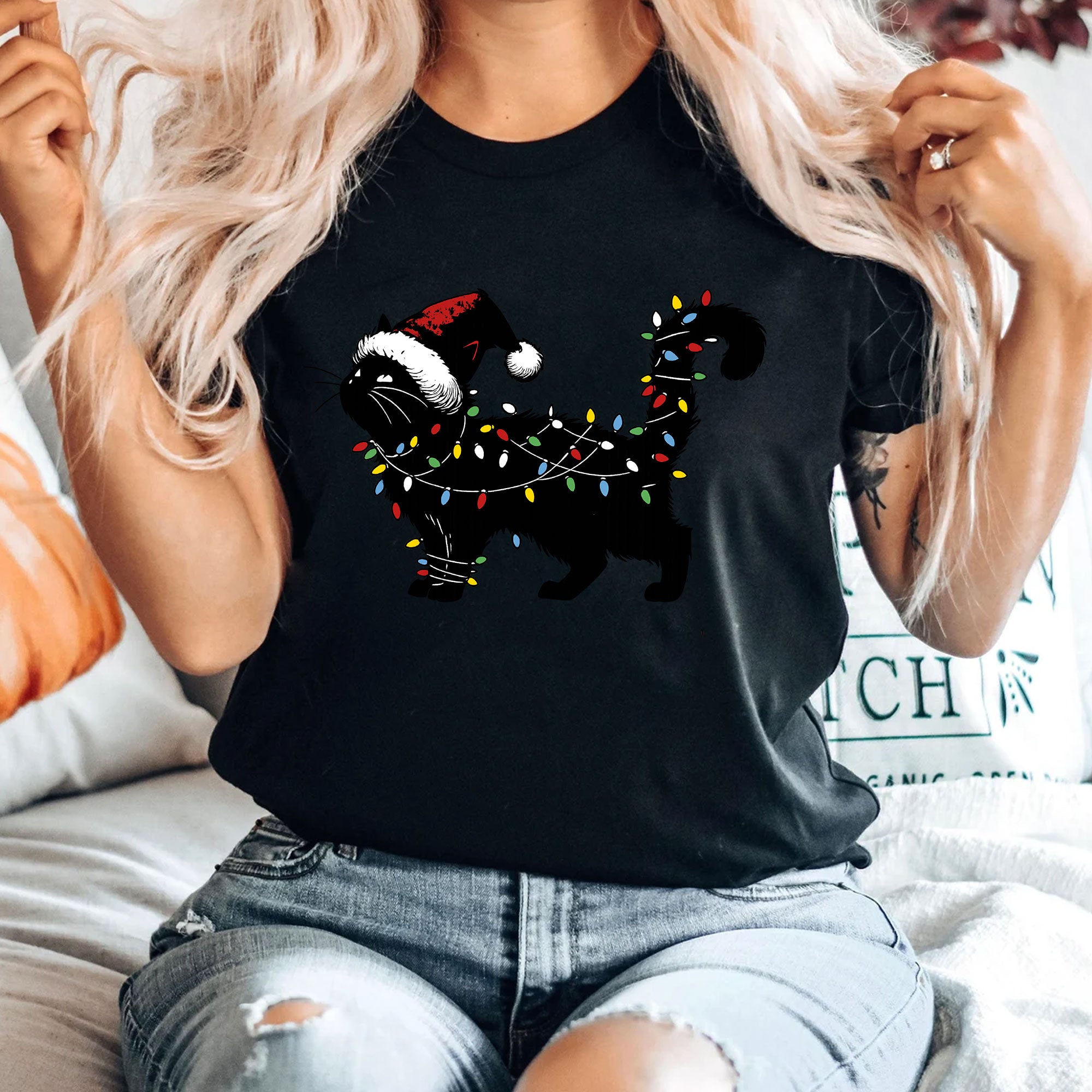 Festive Cat Christmas T-Shirt with Santa Hat and Holiday Lights | Cute Graphic Tee for Cat Lovers | Perfect Christmas Gift Idea
 - 4