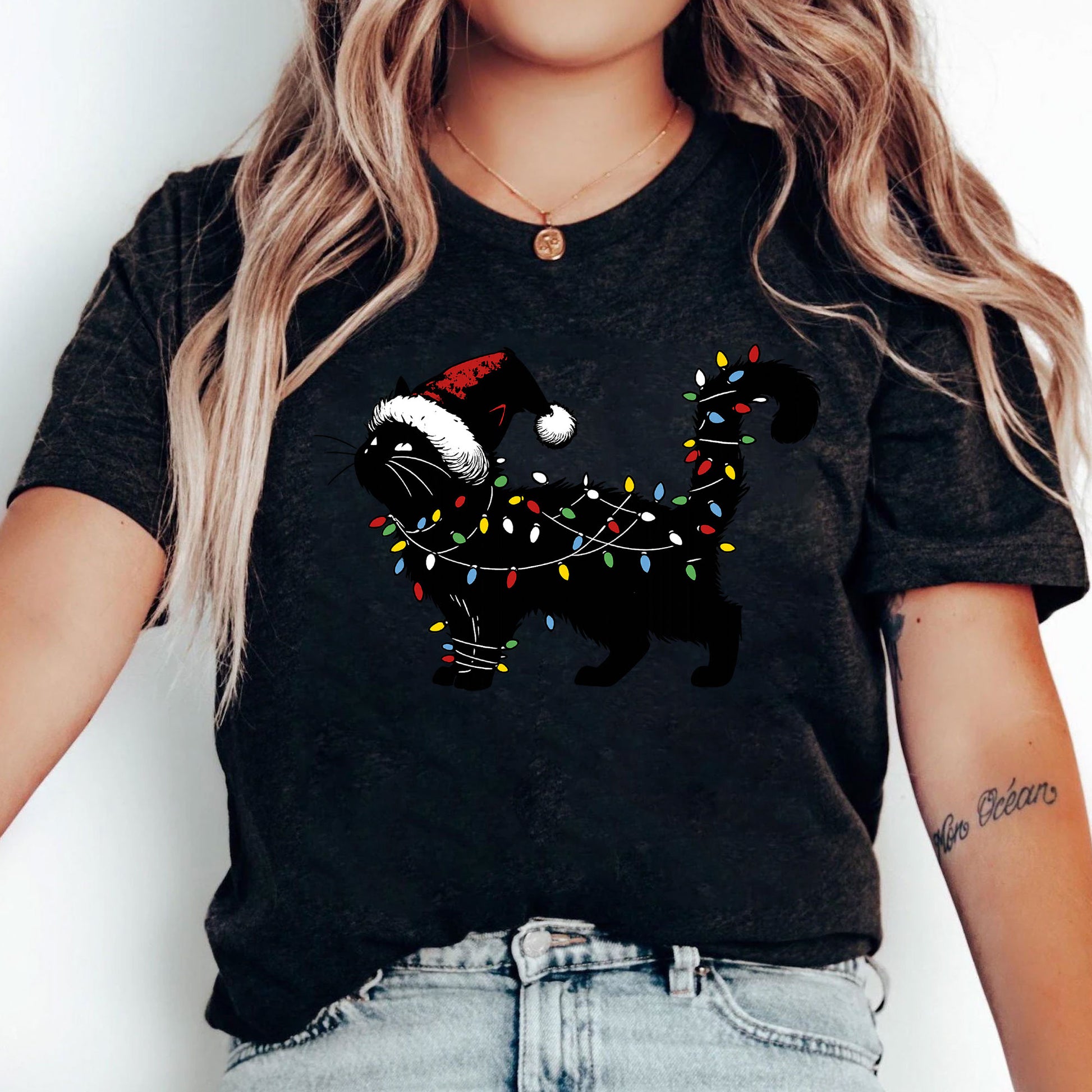 Festive Cat Christmas T-Shirt with Santa Hat and Holiday Lights | Cute Graphic Tee for Cat Lovers | Perfect Christmas Gift Idea
 - 5