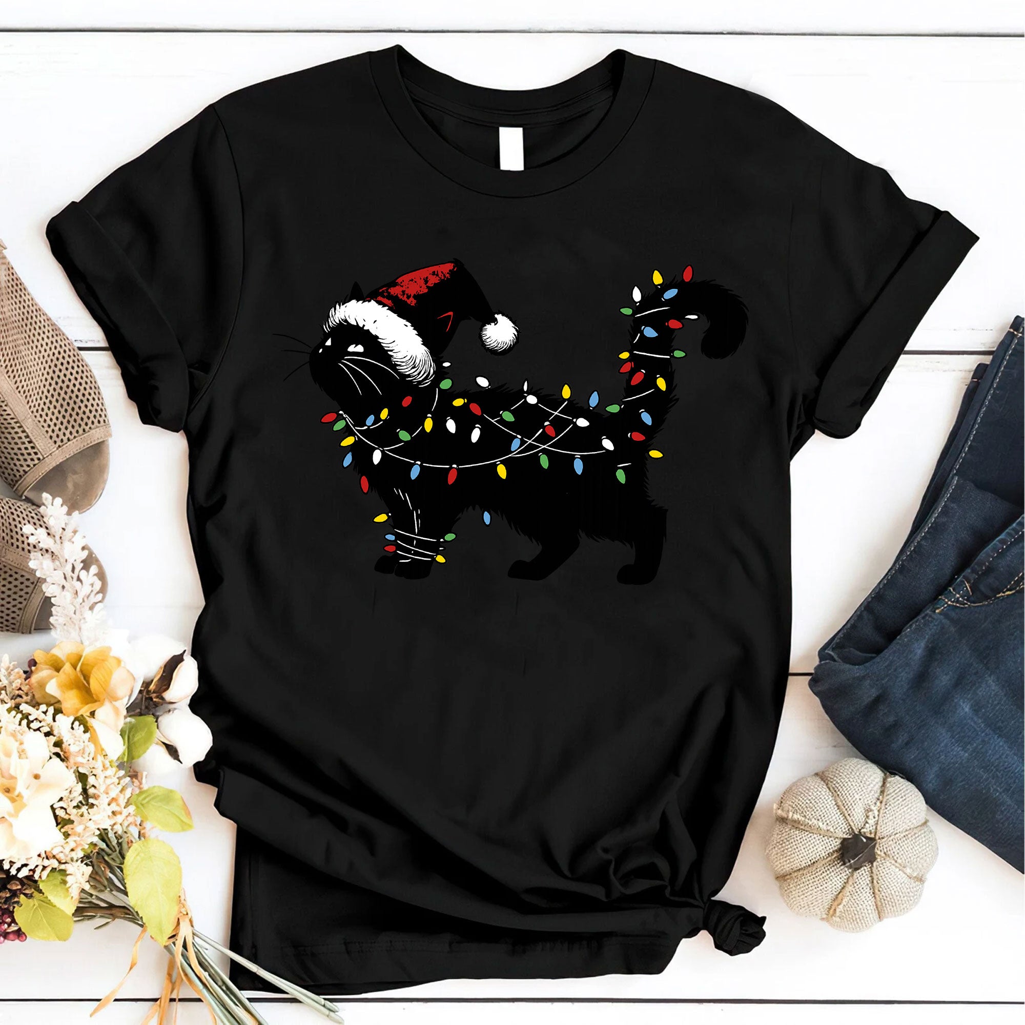 Festive Cat Christmas T-Shirt with Santa Hat and Holiday Lights | Cute Graphic Tee for Cat Lovers | Perfect Christmas Gift Idea
 - 6