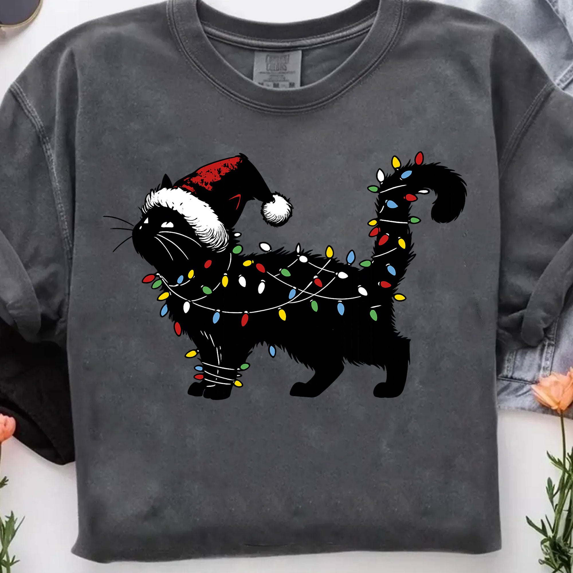 Festive Cat Christmas T-Shirt with Santa Hat and Holiday Lights | Cute Graphic Tee for Cat Lovers | Perfect Christmas Gift Idea
 - 7