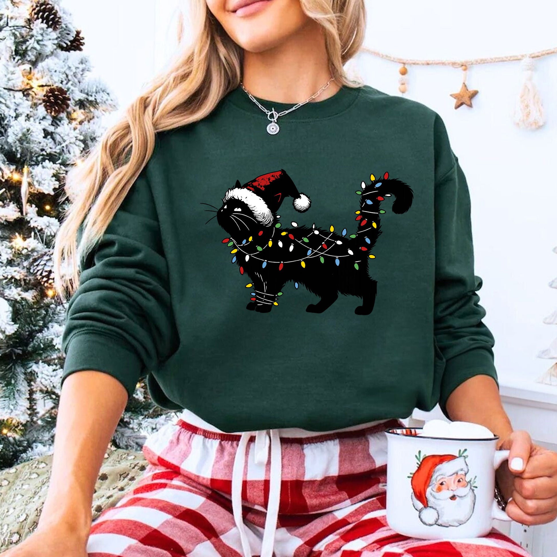 Festive Cat Christmas T-Shirt with Santa Hat and Holiday Lights | Cute Graphic Tee for Cat Lovers | Perfect Christmas Gift Idea
 - 8