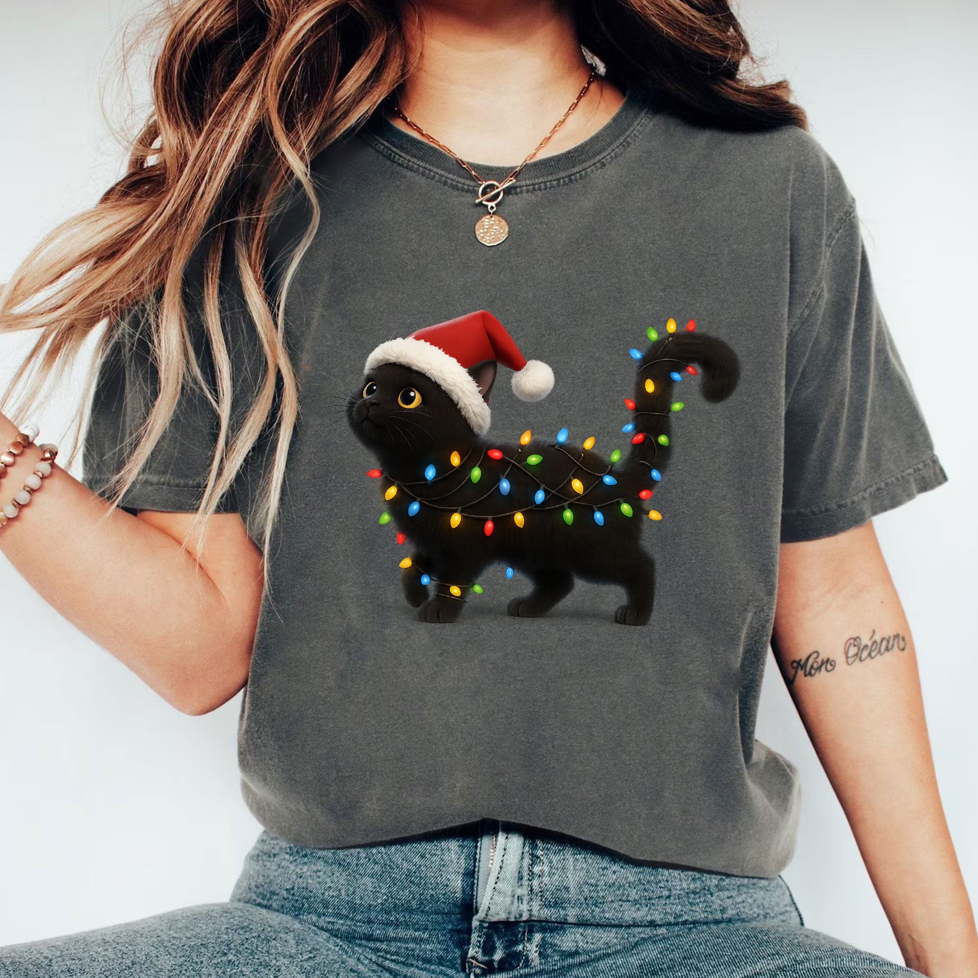 Festive Cat T-Shirt: Cute Black Cat with Santa Hat and Christmas Lights Graphic - Perfect Holiday Gift for Cat Lovers
 - 1