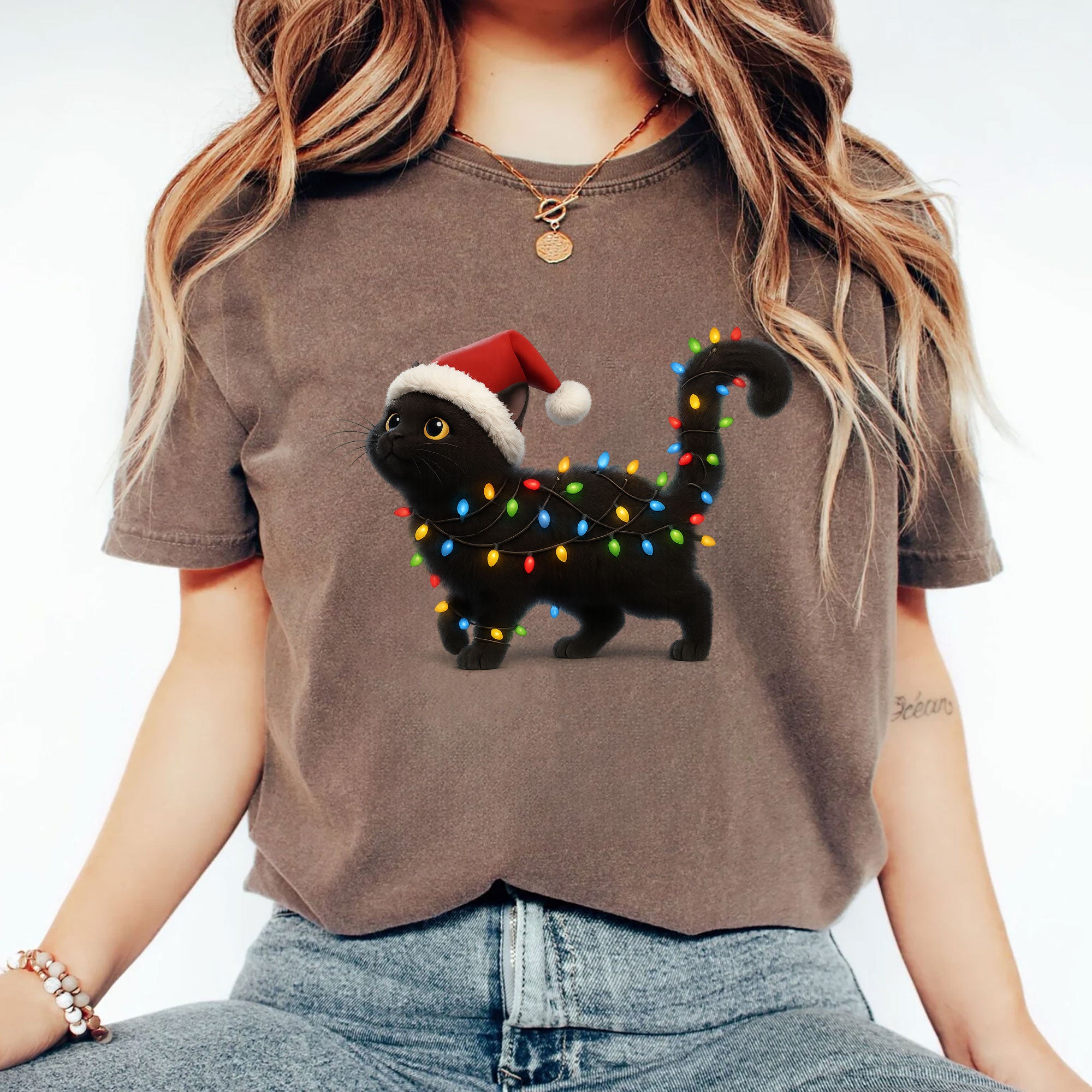 Festive Cat T-Shirt: Cute Black Cat with Santa Hat and Christmas Lights Graphic - Perfect Holiday Gift for Cat Lovers
 - 2