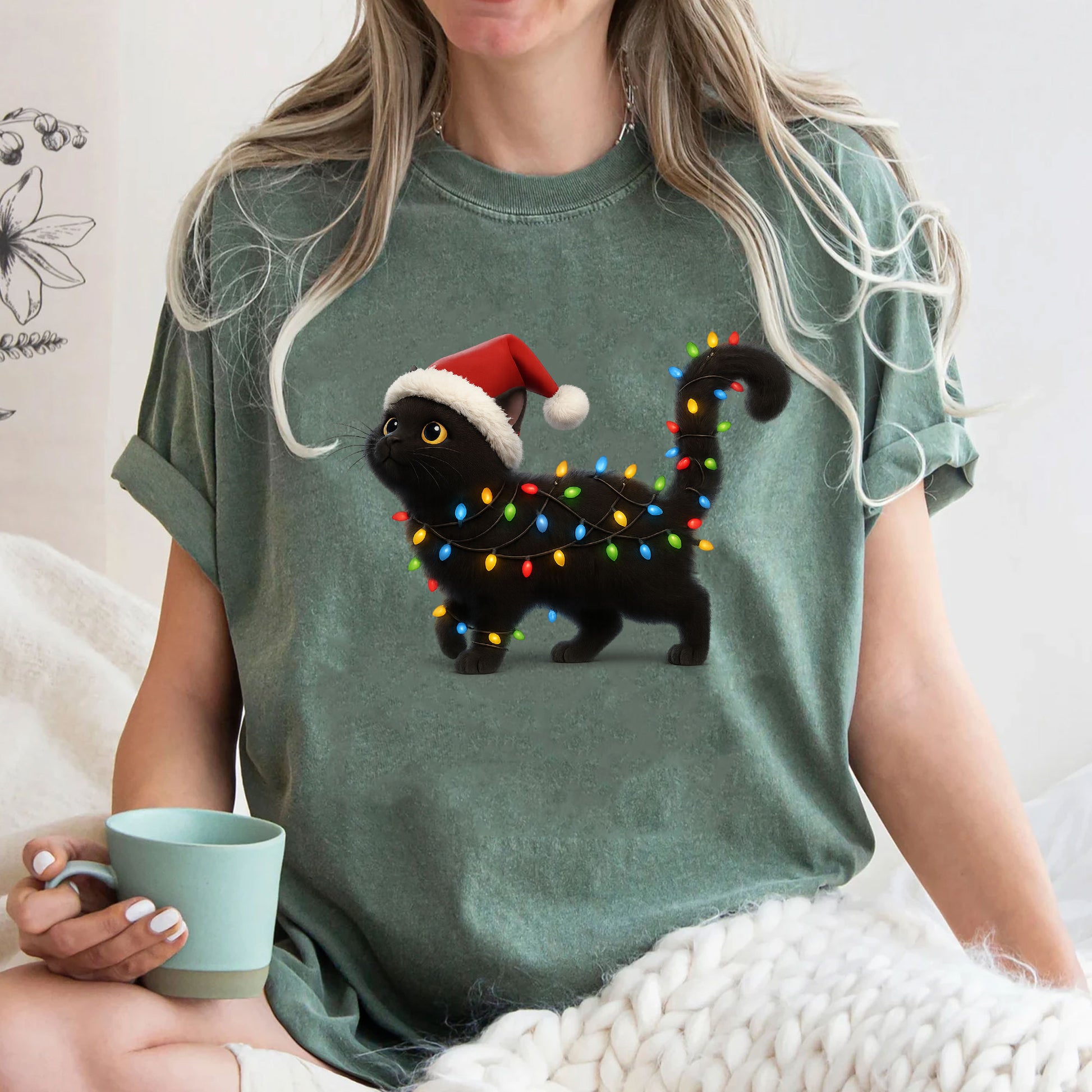 Festive Cat T-Shirt: Cute Black Cat with Santa Hat and Christmas Lights Graphic - Perfect Holiday Gift for Cat Lovers
 - 3