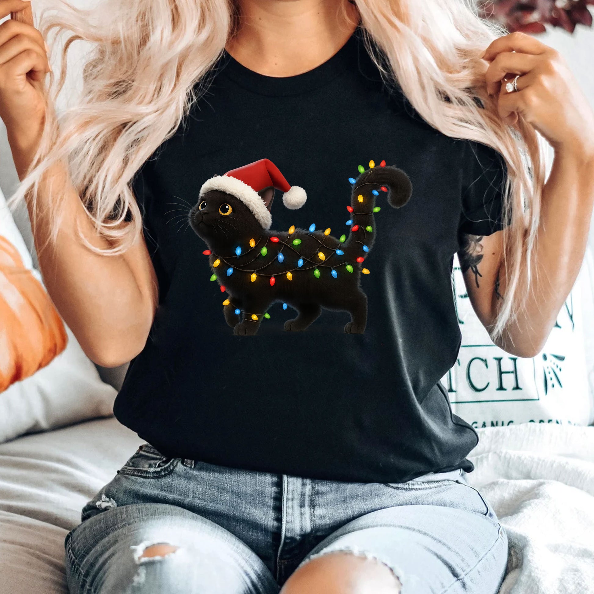 Festive Cat T-Shirt: Cute Black Cat with Santa Hat and Christmas Lights Graphic - Perfect Holiday Gift for Cat Lovers
 - 4