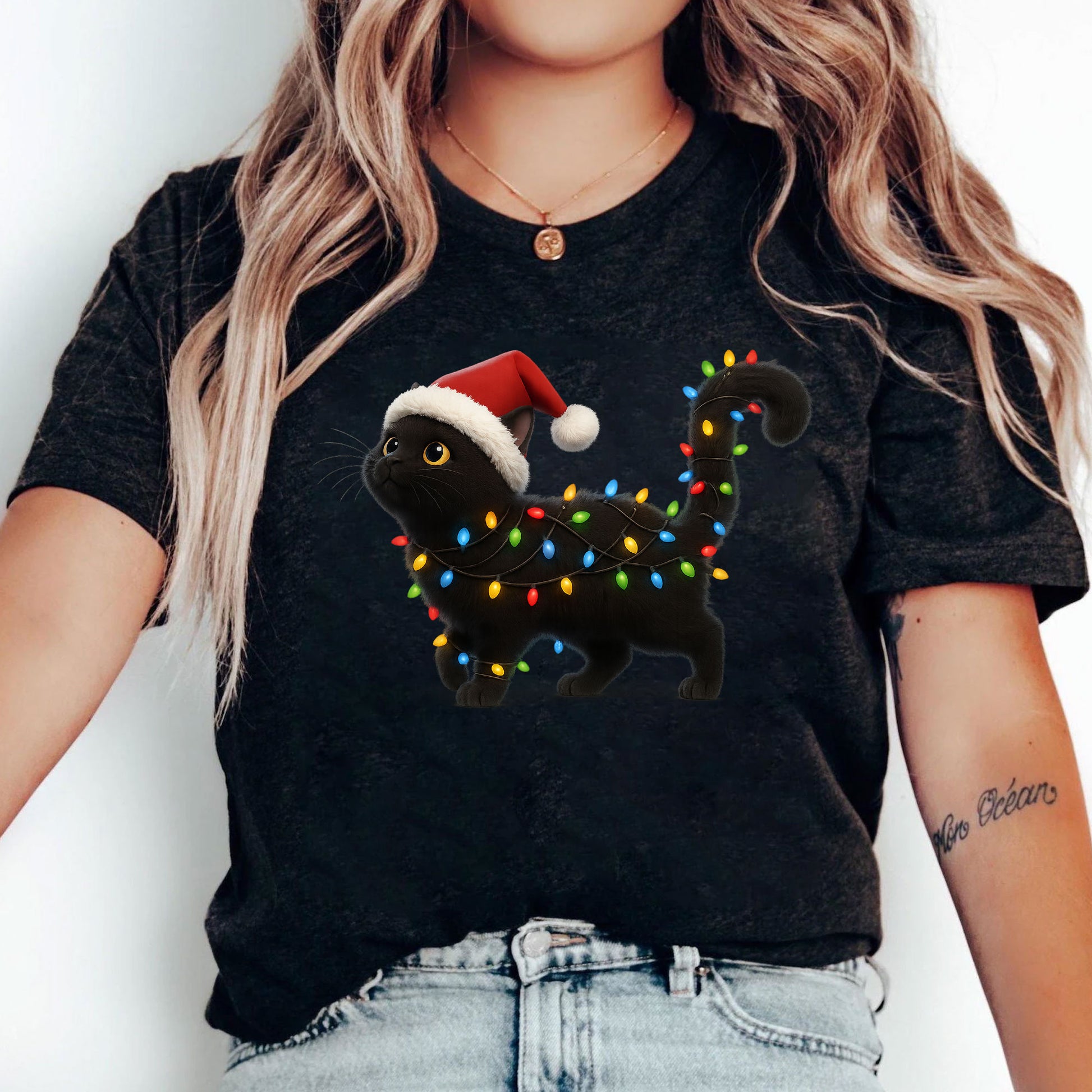 Festive Cat T-Shirt: Cute Black Cat with Santa Hat and Christmas Lights Graphic - Perfect Holiday Gift for Cat Lovers
 - 5