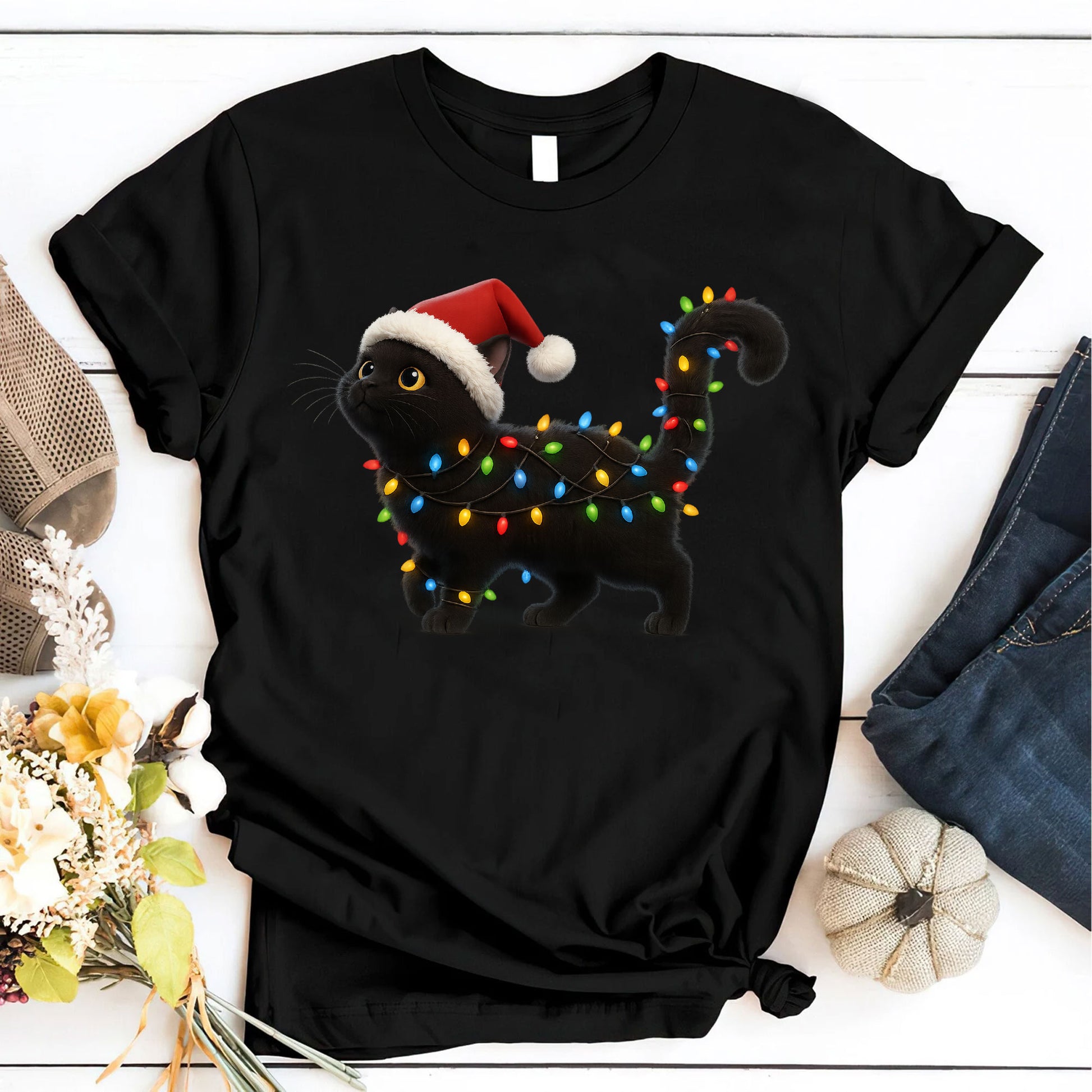 Festive Cat T-Shirt: Cute Black Cat with Santa Hat and Christmas Lights Graphic - Perfect Holiday Gift for Cat Lovers
 - 6