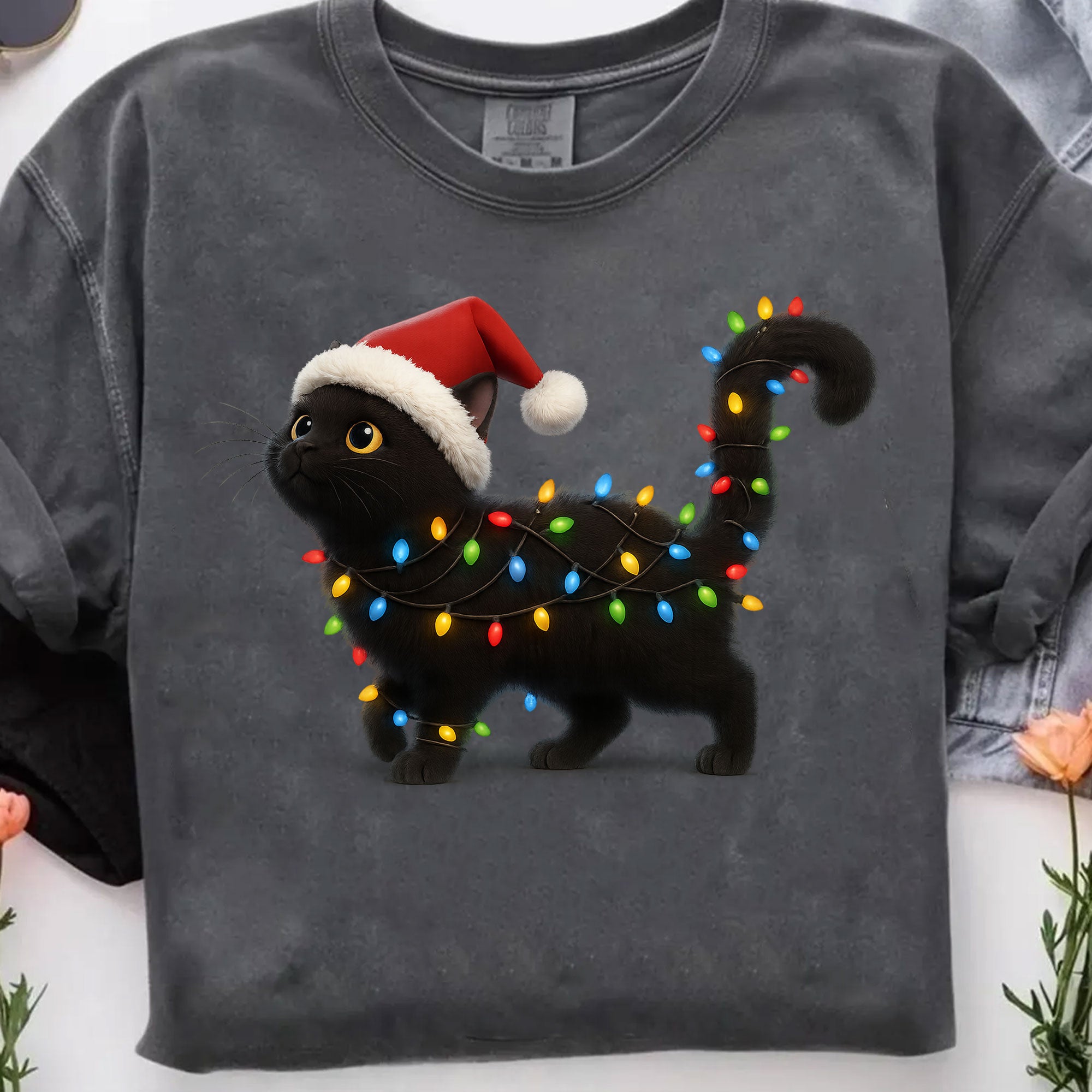 Festive Cat T-Shirt: Cute Black Cat with Santa Hat and Christmas Lights Graphic - Perfect Holiday Gift for Cat Lovers
 - 7