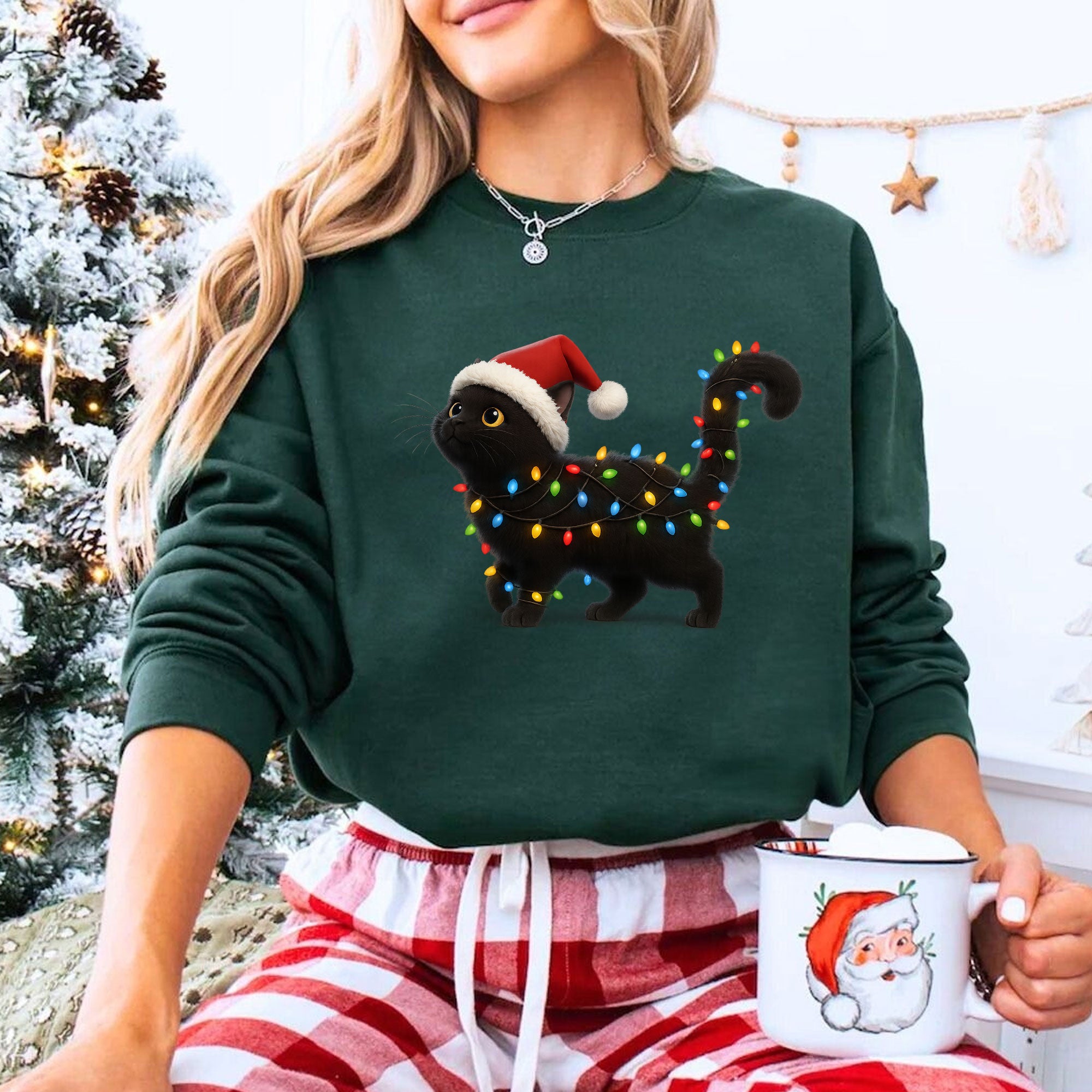 Festive Cat T-Shirt: Cute Black Cat with Santa Hat and Christmas Lights Graphic - Perfect Holiday Gift for Cat Lovers
 - 8