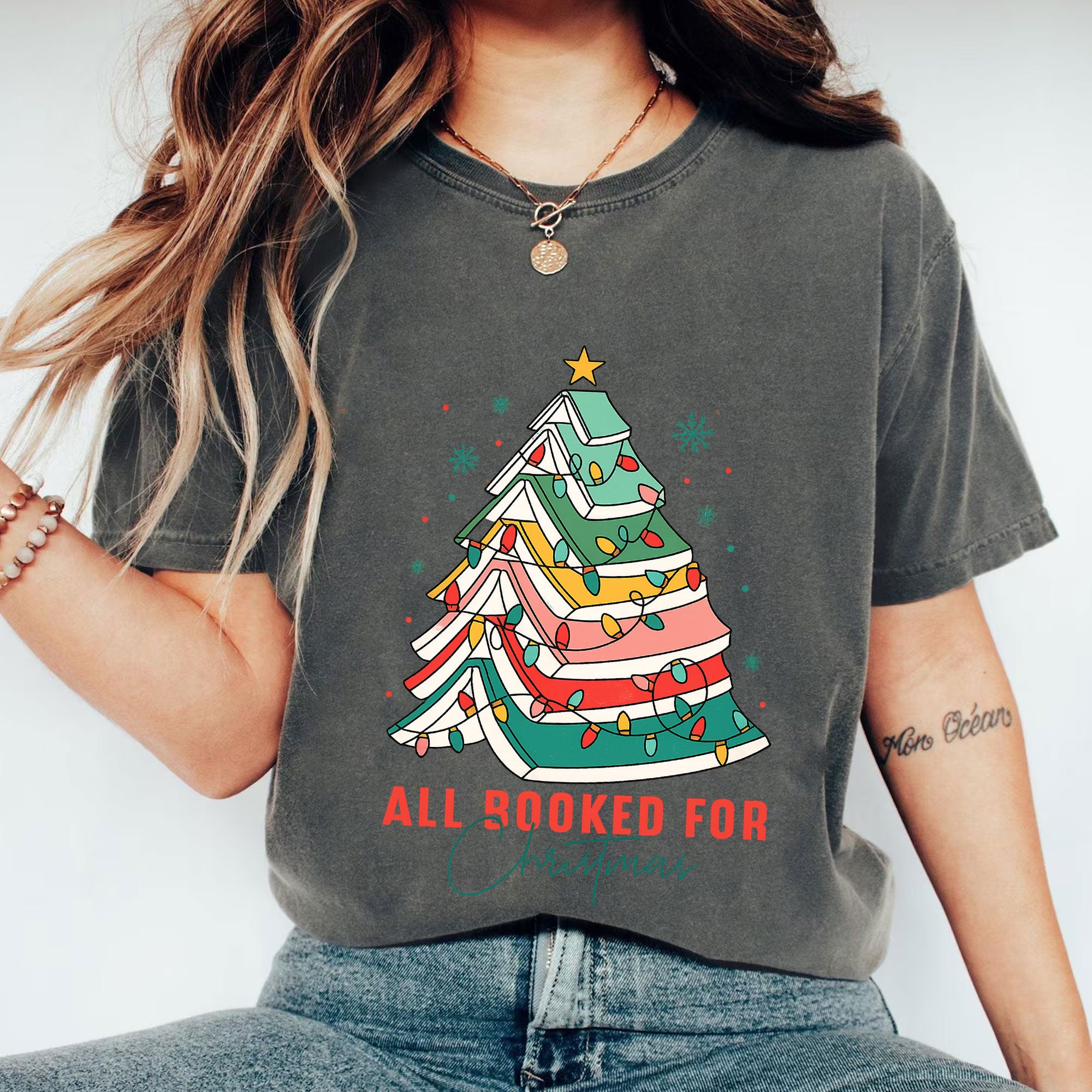 Festive Christmas Book Lovers T-Shirt - All Booked for Christmas Design with Holiday Tree Graphic - Perfect Holiday Gift Idea
 - 1