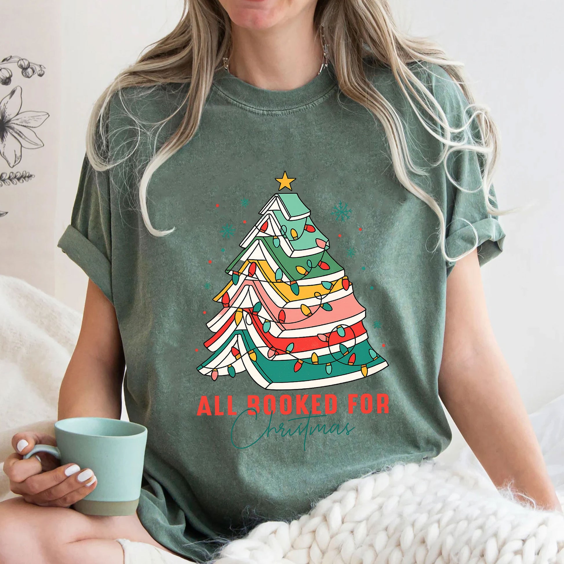 Festive Christmas Book Lovers T-Shirt - All Booked for Christmas Design with Holiday Tree Graphic - Perfect Holiday Gift Idea
 - 3