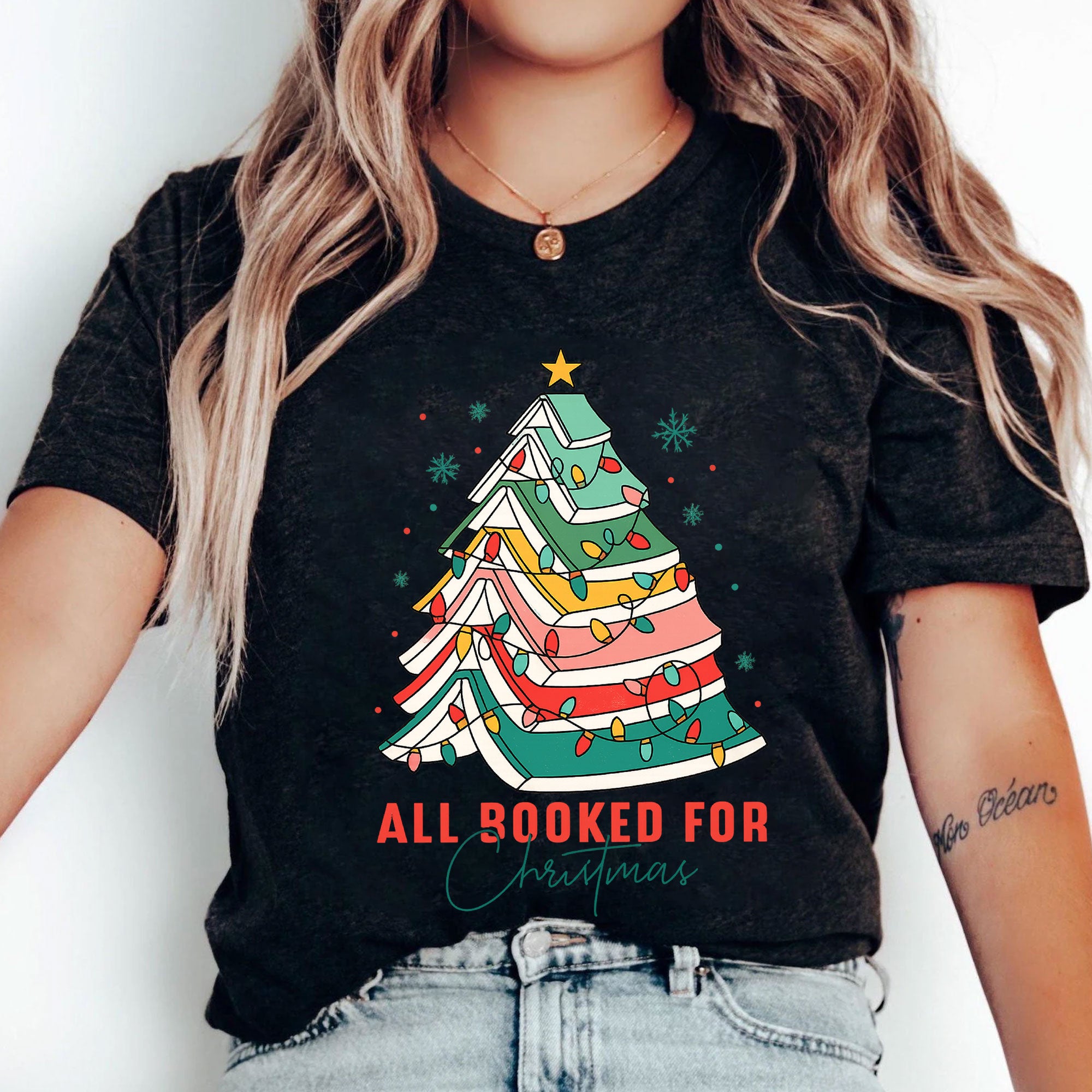 Festive Christmas Book Lovers T-Shirt - All Booked for Christmas Design with Holiday Tree Graphic - Perfect Holiday Gift Idea
 - 5