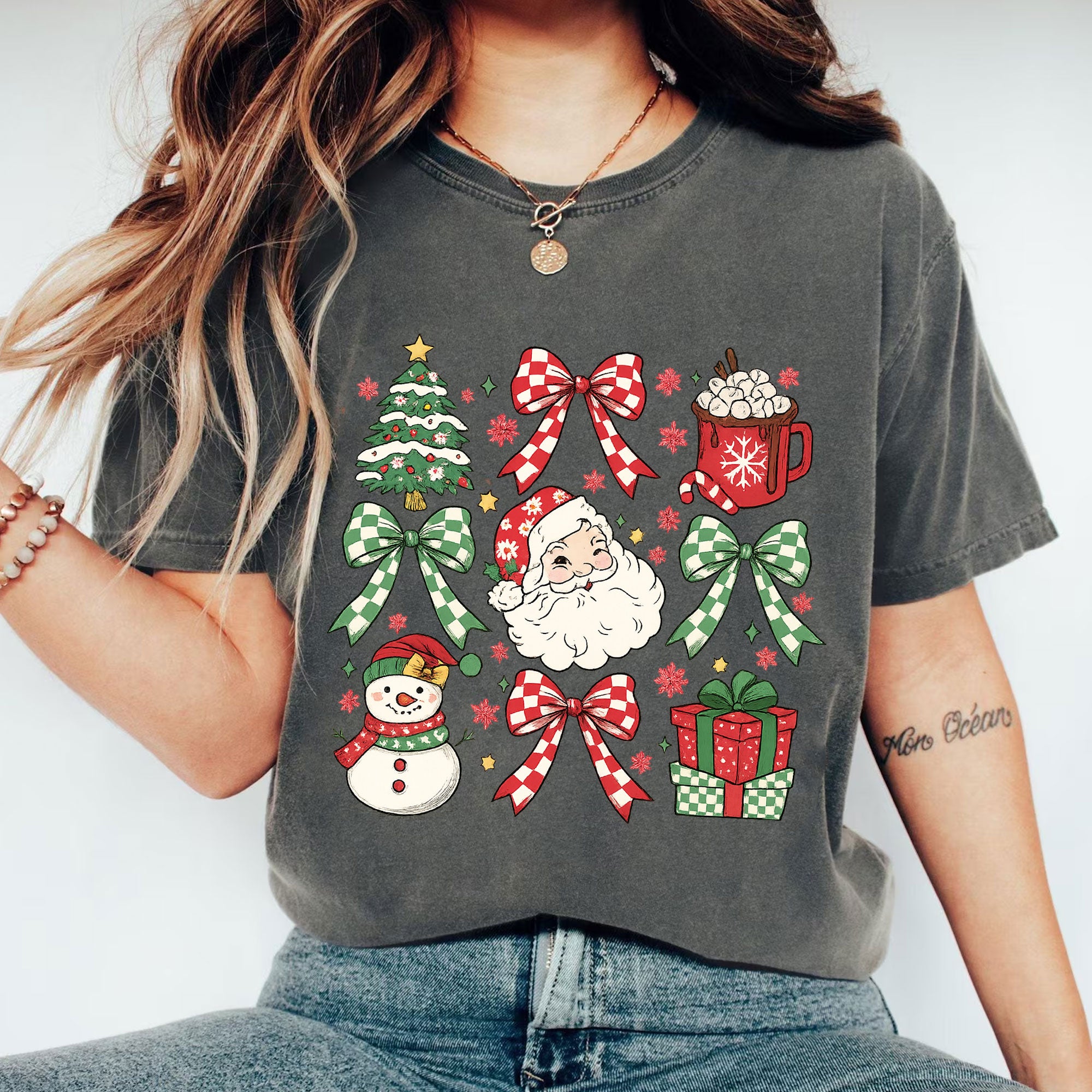 Festive Christmas Graphic T-Shirt for Women - Cute Santa, Snowman, Tree & Gift Design - Casual Holiday Apparel, Perfect Holiday Gift
 - 1
