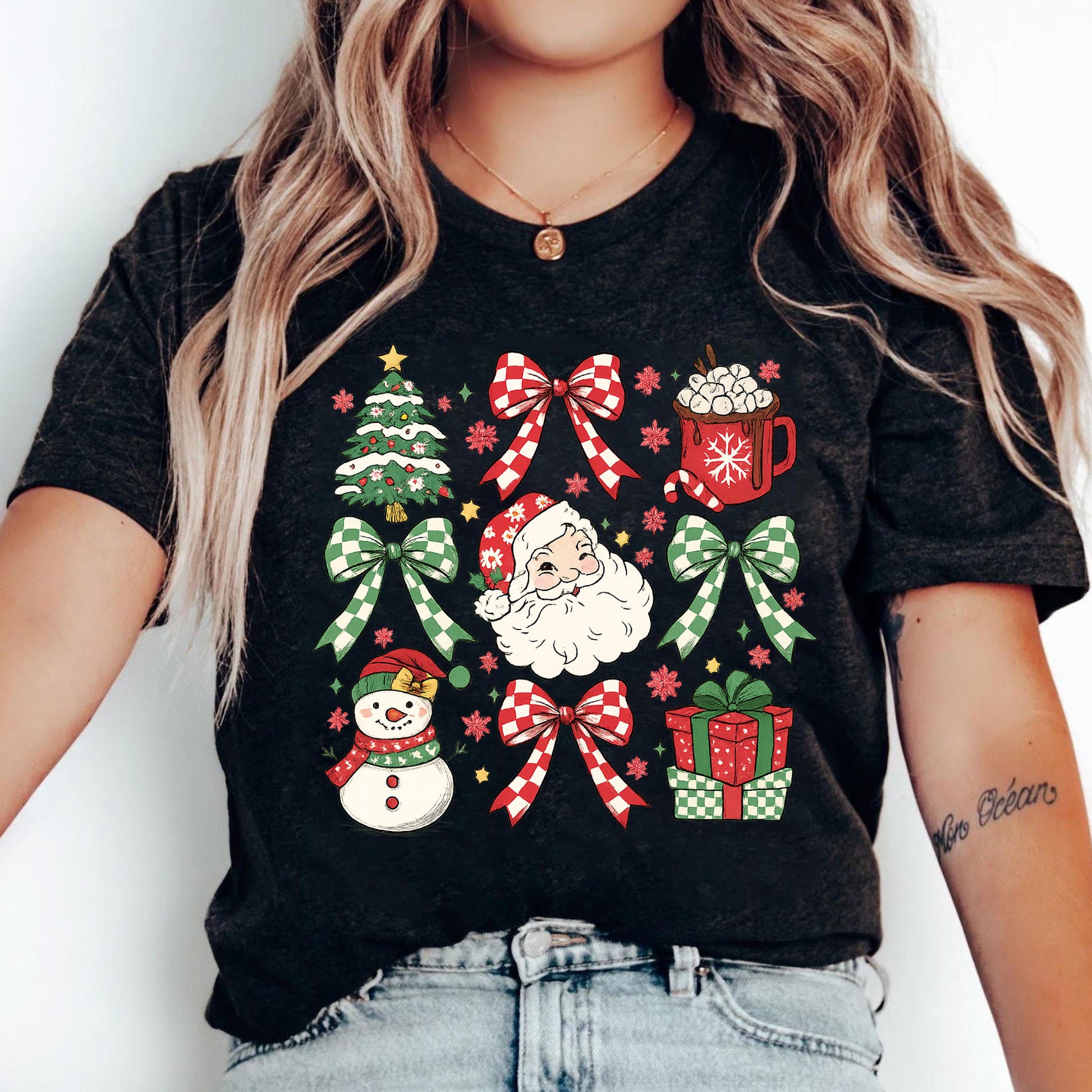 Festive Christmas Graphic T-Shirt for Women - Cute Santa, Snowman, Tree & Gift Design - Casual Holiday Apparel, Perfect Holiday Gift
 - 5