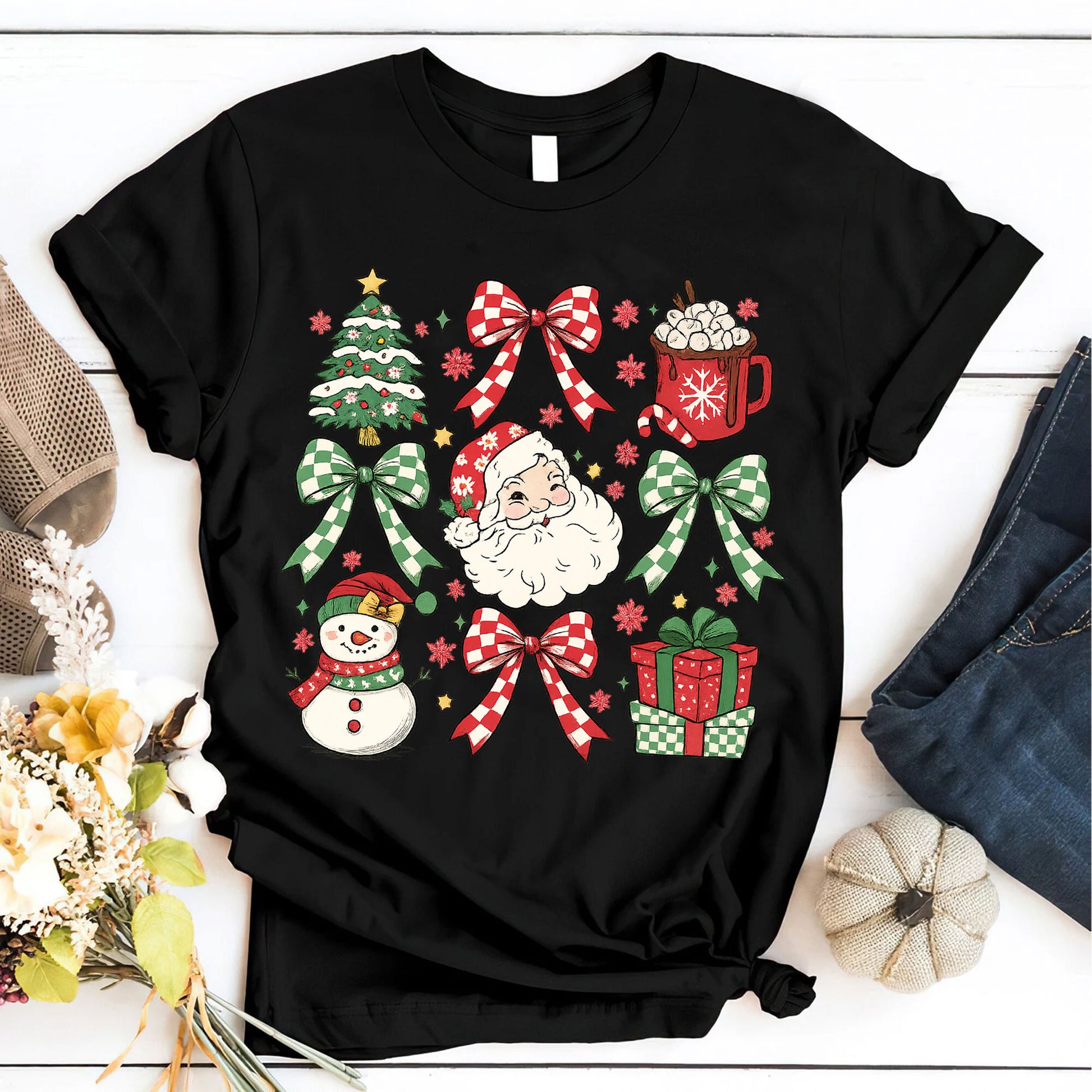 Festive Christmas Graphic T-Shirt for Women - Cute Santa, Snowman, Tree & Gift Design - Casual Holiday Apparel, Perfect Holiday Gift
 - 6