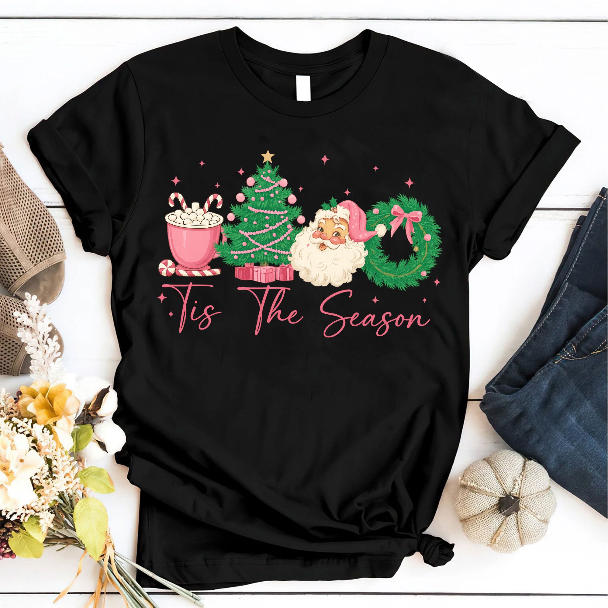Festive Christmas Graphic T-Shirt for Women - Cute Santa, Tree, and Wreath Design, Perfect Holiday Gift, Short Sleeve Casual Top
 - 6