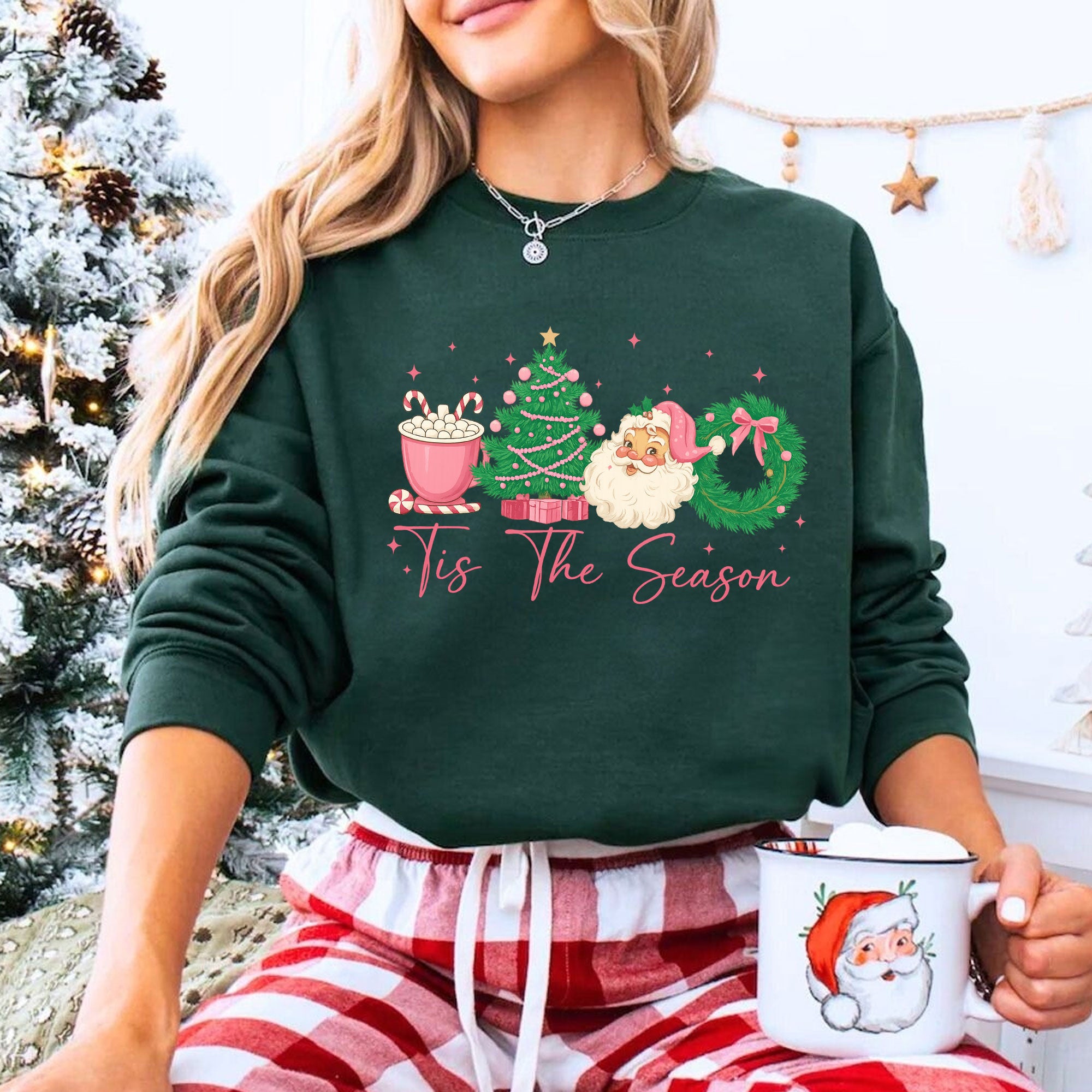 Festive Christmas Graphic T-Shirt for Women - Cute Santa, Tree, and Wreath Design, Perfect Holiday Gift, Short Sleeve Casual Top
 - 8