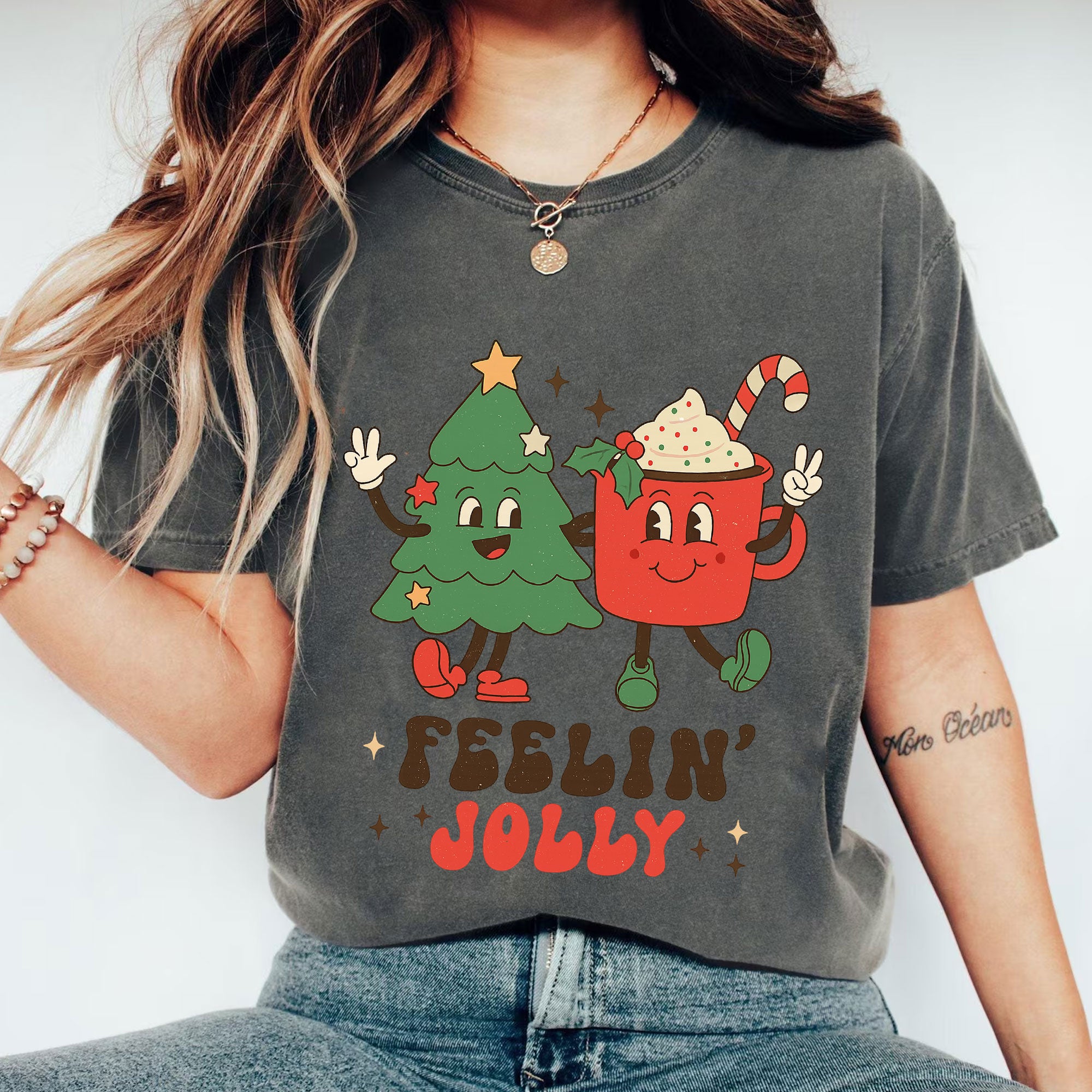Festive Christmas Graphic Tee - Cute Tree and Mug Cartoon Design - Feelin' Jolly Holiday Shirt for Women - Fun Holiday Apparel
 - 1