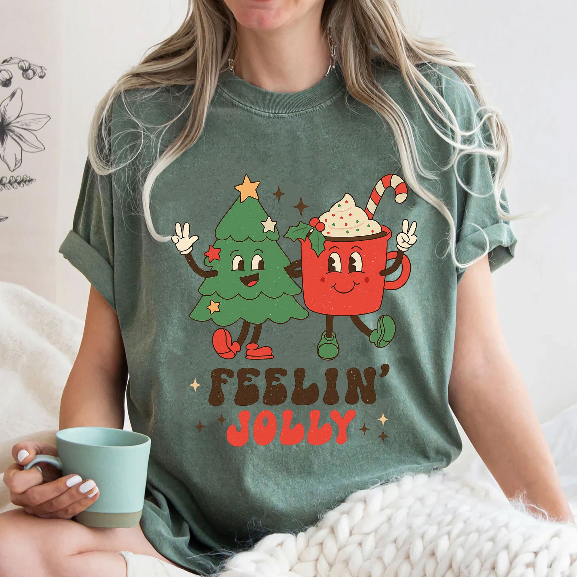 Festive Christmas Graphic Tee - Cute Tree and Mug Cartoon Design - Feelin' Jolly Holiday Shirt for Women - Fun Holiday Apparel
 - 3